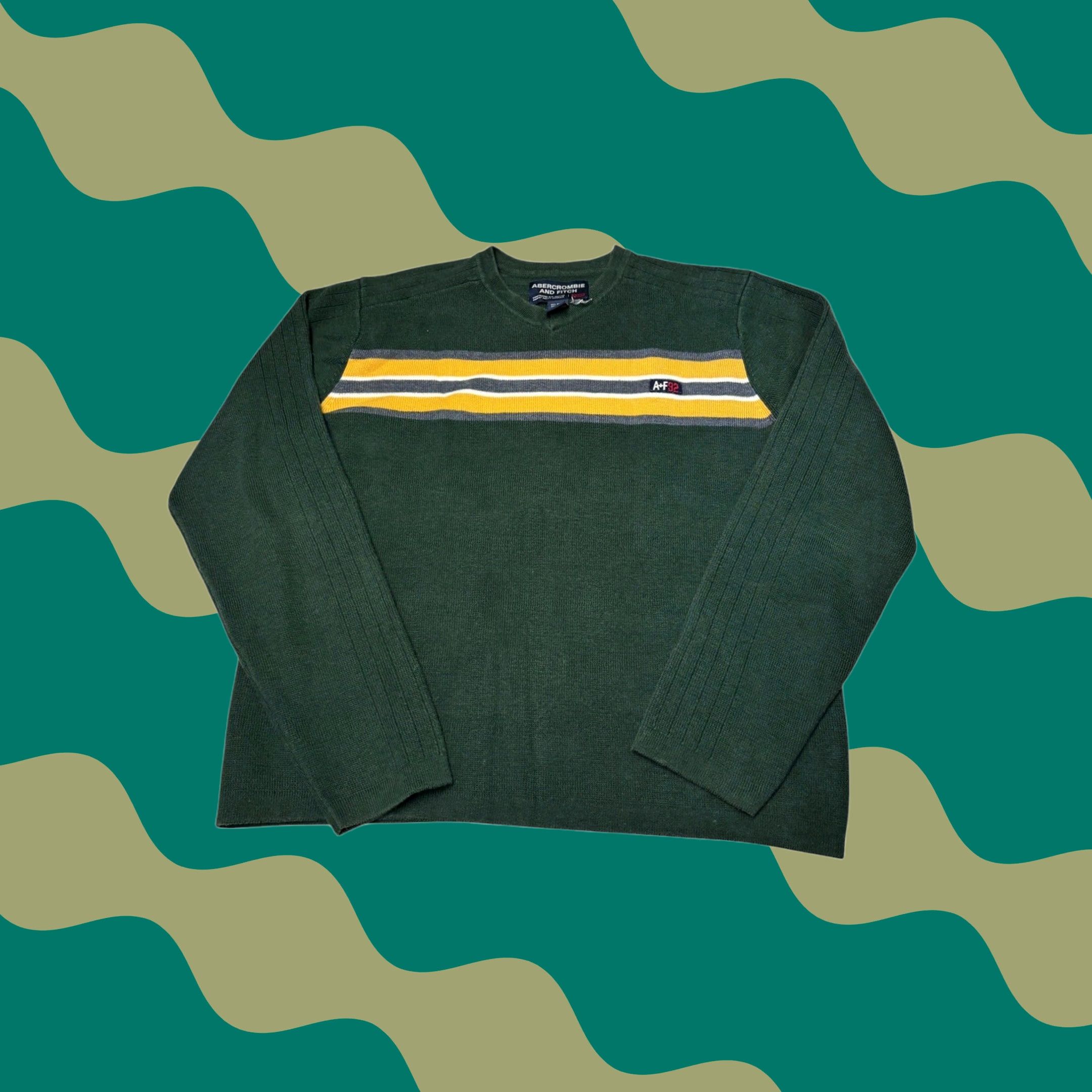 Abercrombie & Fitch VINTAGE Abercrombie & Fitch Knit Sweater Crew Neck XL Men Green Striped Embroidered A+F 92 Pullover Size US XL / EU 56 / 4 - 1 Thumbnail