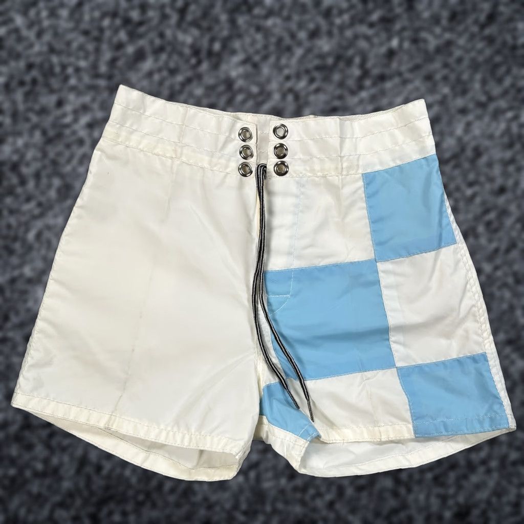 VINTAGE Birdwell Beach Britches Shorts Mens 25 White Blue Patch Board Swim Trunks Surf Beach Patchwork Men XS