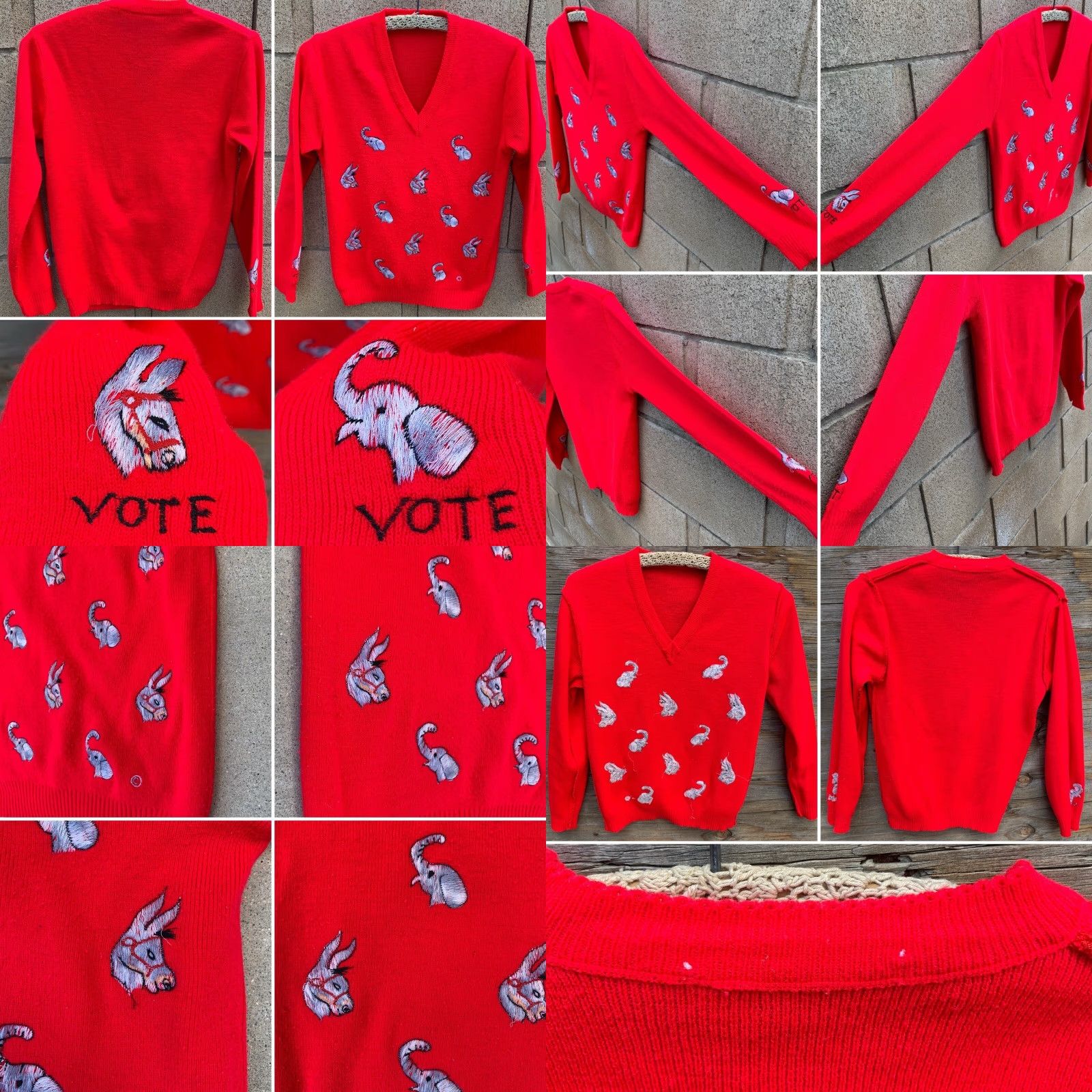 Vintage VINTAGE Donkey Elephant Vote V-Neck Sweater Long Sleeve Red Embroidered Pullover Women S Small Unbranded Knit Popover Size S / US 4 / IT 40 - 8 Thumbnail