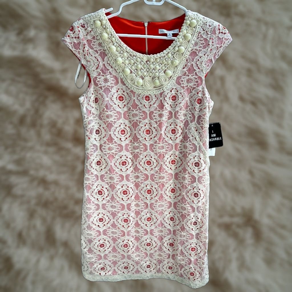 Vintage Sandra Darren White Orange Lace Mini Dress Embroidered Stoned Pearls Sz 6 NWT Size M / US 6-8 / IT 42-44 - 1 Thumbnail