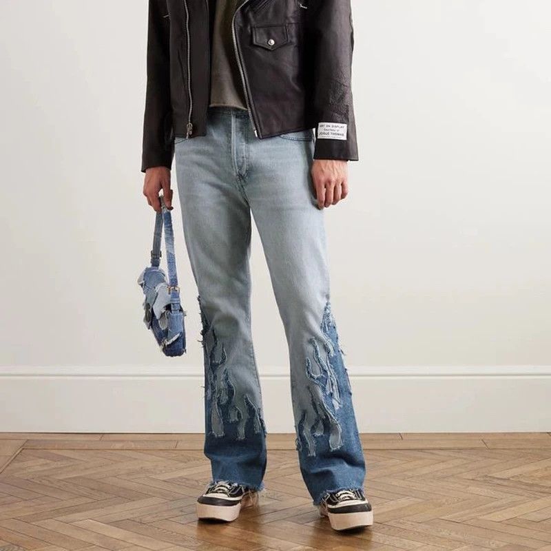 Japanese Brand × Jean × Vintage Blue Flame Embroidery Patchwork Baggy Size US 31 - 1 Thumbnail