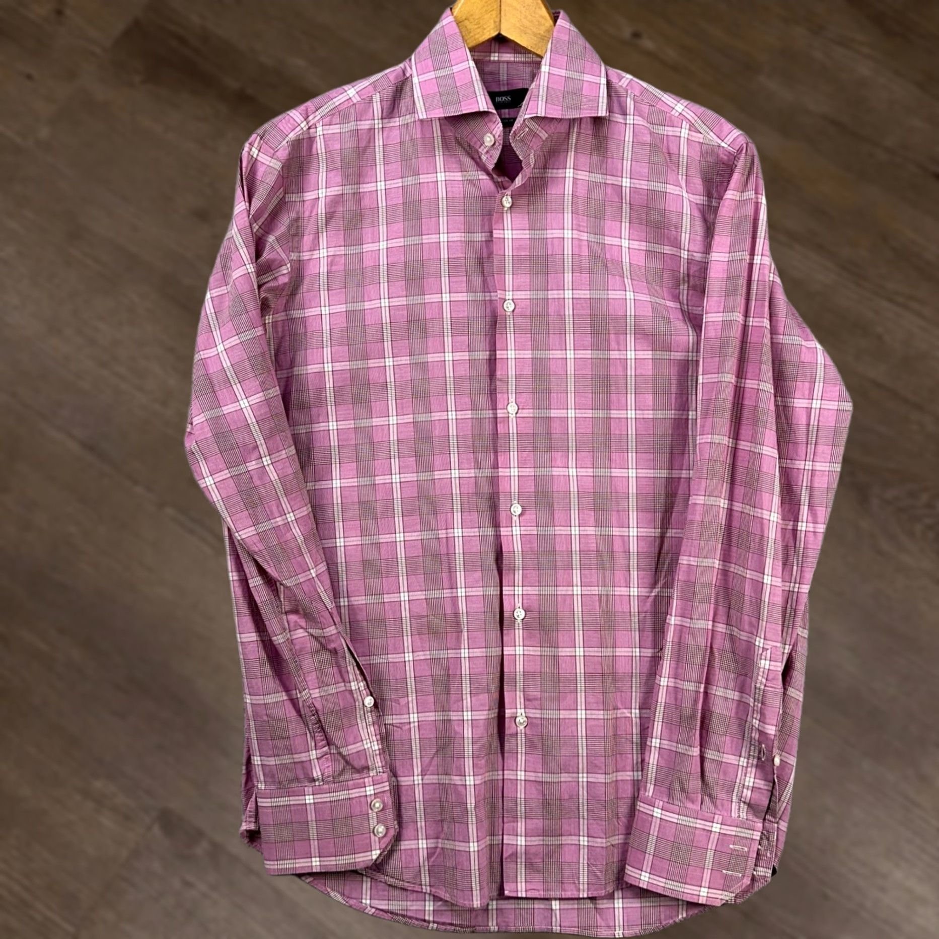 Hugo Boss VINTAGE Hugo Boss Shirt Dress Mens 15.5 39 Pink Plaid Regular Fit Long Sleeve Button Up Size 40R - 1 Thumbnail