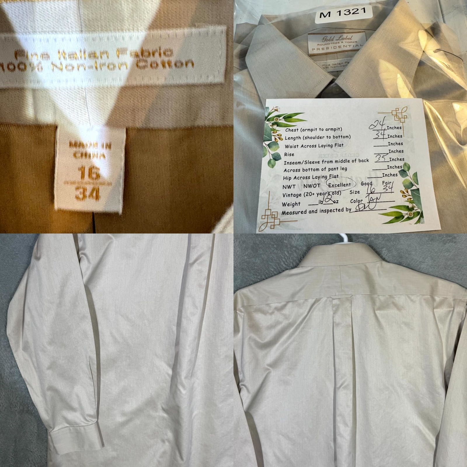 Vintage Gold Label Dress Shirt 16/34 Tan 100% Cotton Fitted Career Formal Men Regular Long Sleeve Button Cuffs Chest 48" Vintage No Iron Modern Pattern Solid Size 42R - 8 Thumbnail