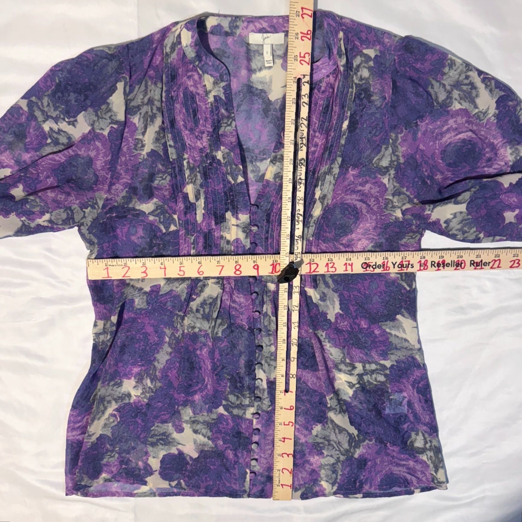 Joie JOIE Blouse Silk Chiffon Purple Floral Pintuck Button Down V-Neck 3/4 Sleeve Size S Women Size S / US 4 / IT 40 - 5 Thumbnail