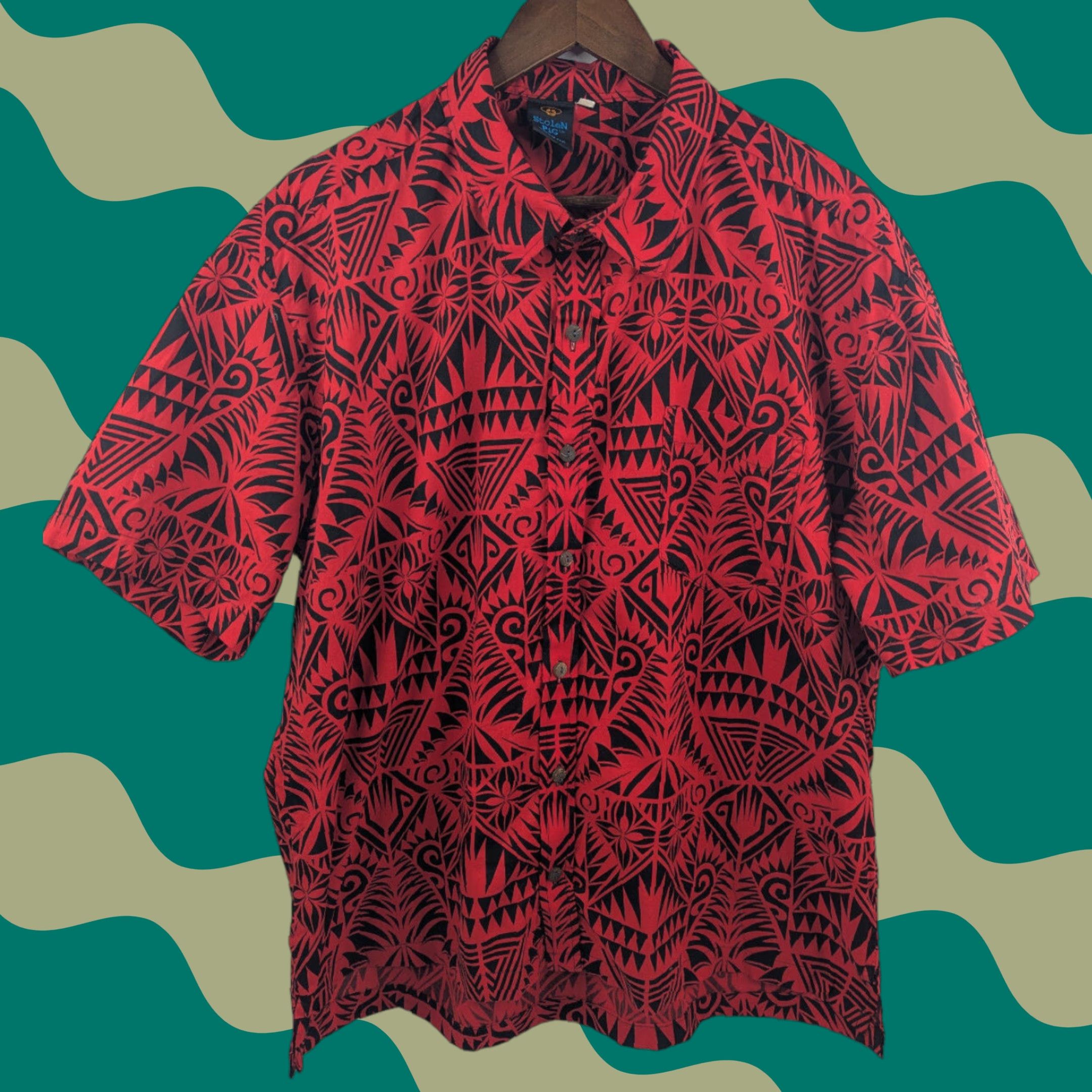 Vintage Stolen Pig Button-Up Shirt Hawaiian Red Men's 2XL Short Sleeve Made in Fiji Size US XXL / EU 58 / 5 - 1 Thumbnail