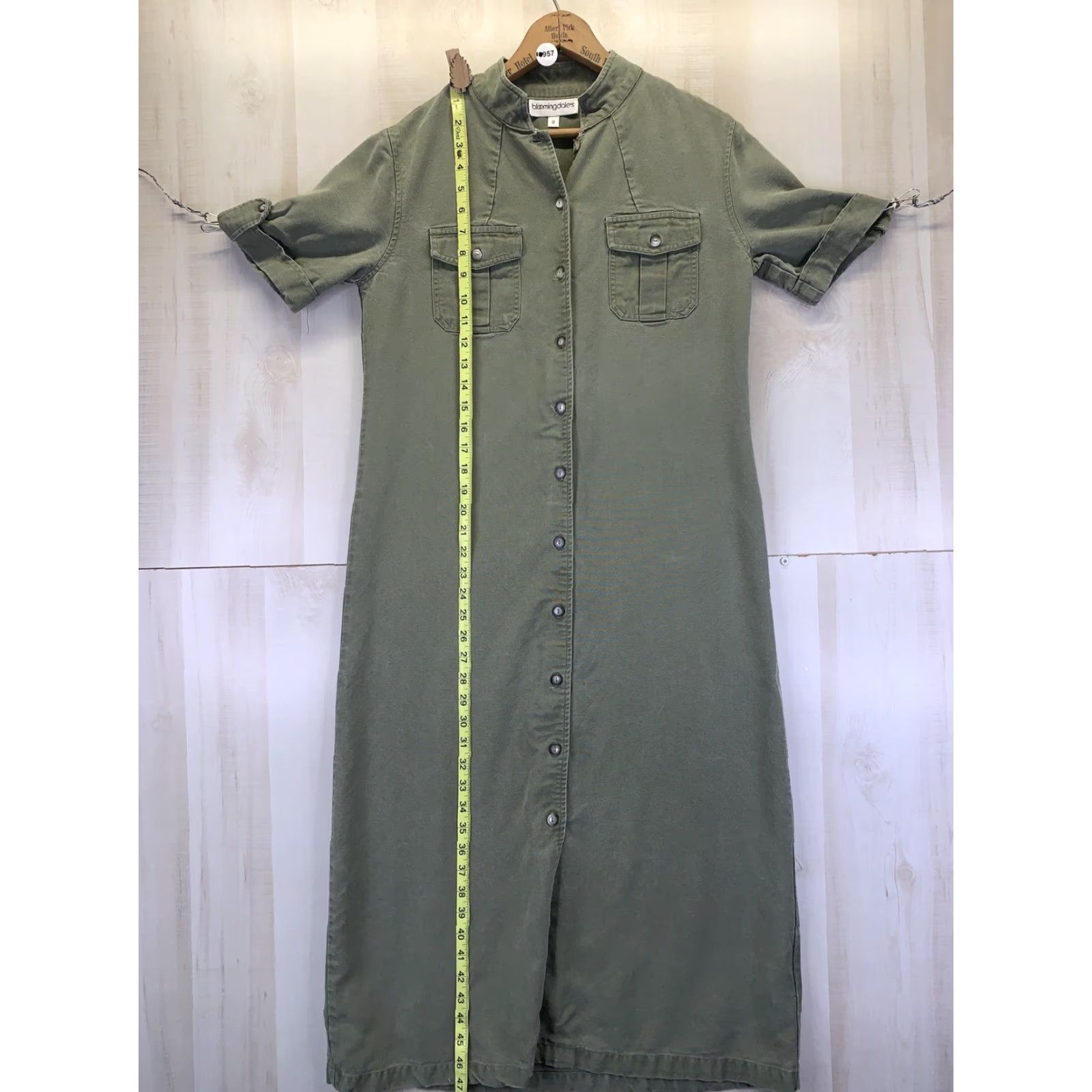 Bloomingdale's VINTAGE Bloomingdale’s Weathered Green Button Front Roll Sleeve Shirt Dress Sz 8 Size M / US 6-8 / IT 42-44 - 6 Thumbnail