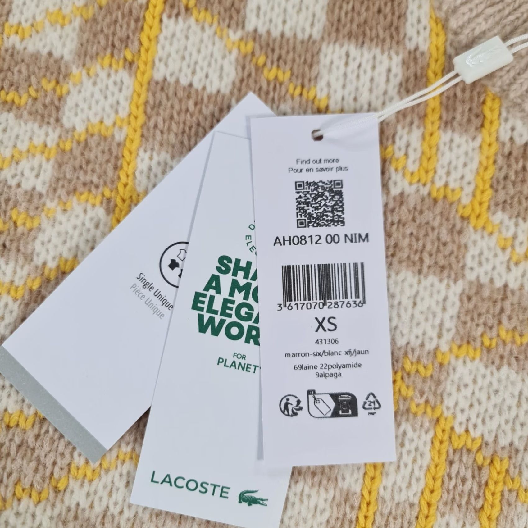 Lacoste Lacoste Jumper Beige Yellow XS Relaxed Fit Alpaca Wool Geometric Crew Neck Mens Pullover Classic Knit Size US XS / EU 42 / 0 - 4 Thumbnail