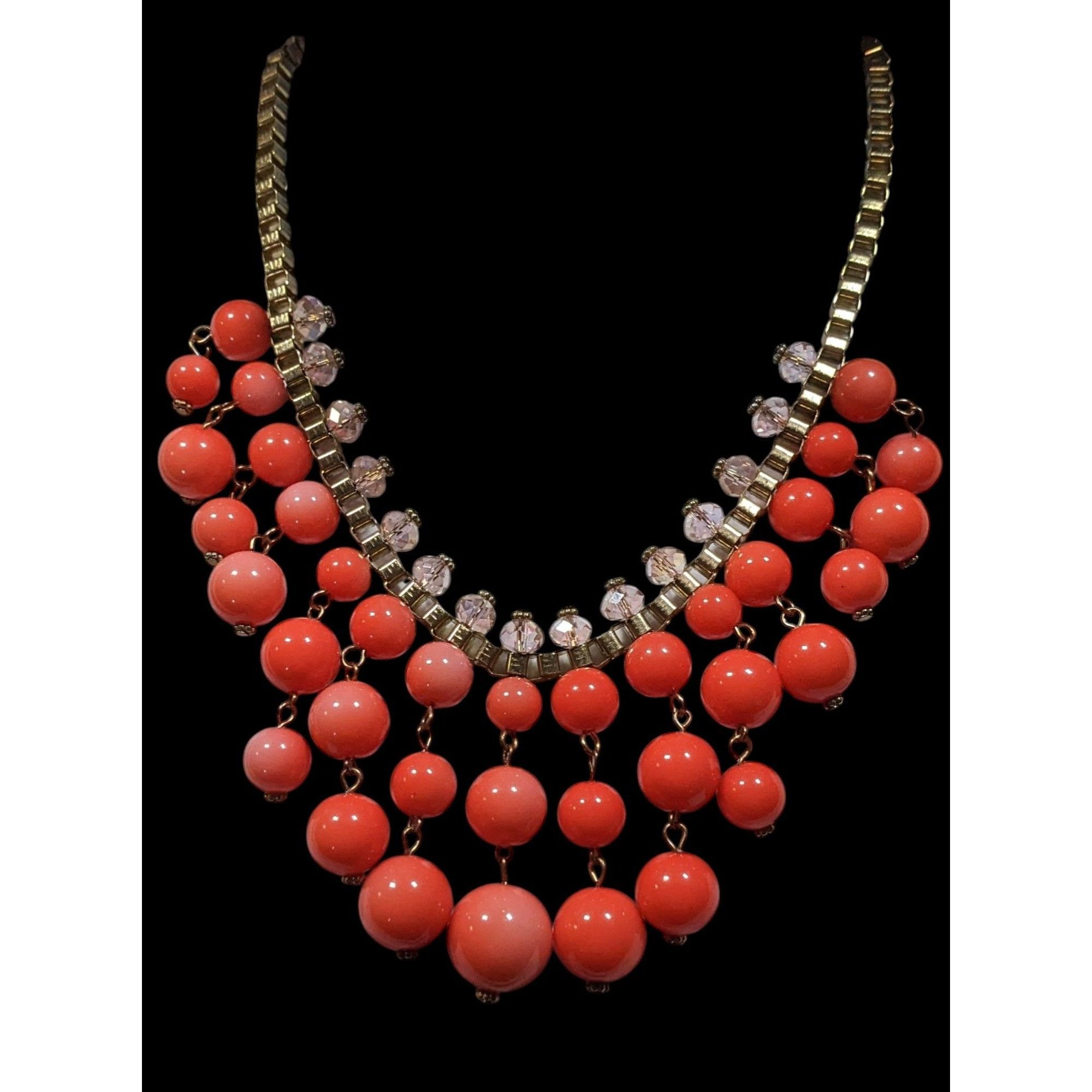 Other Vintage Salmon Beaded Fringe Necklace On Gold Tone Box Chain Size ONE SIZE - 1 Thumbnail