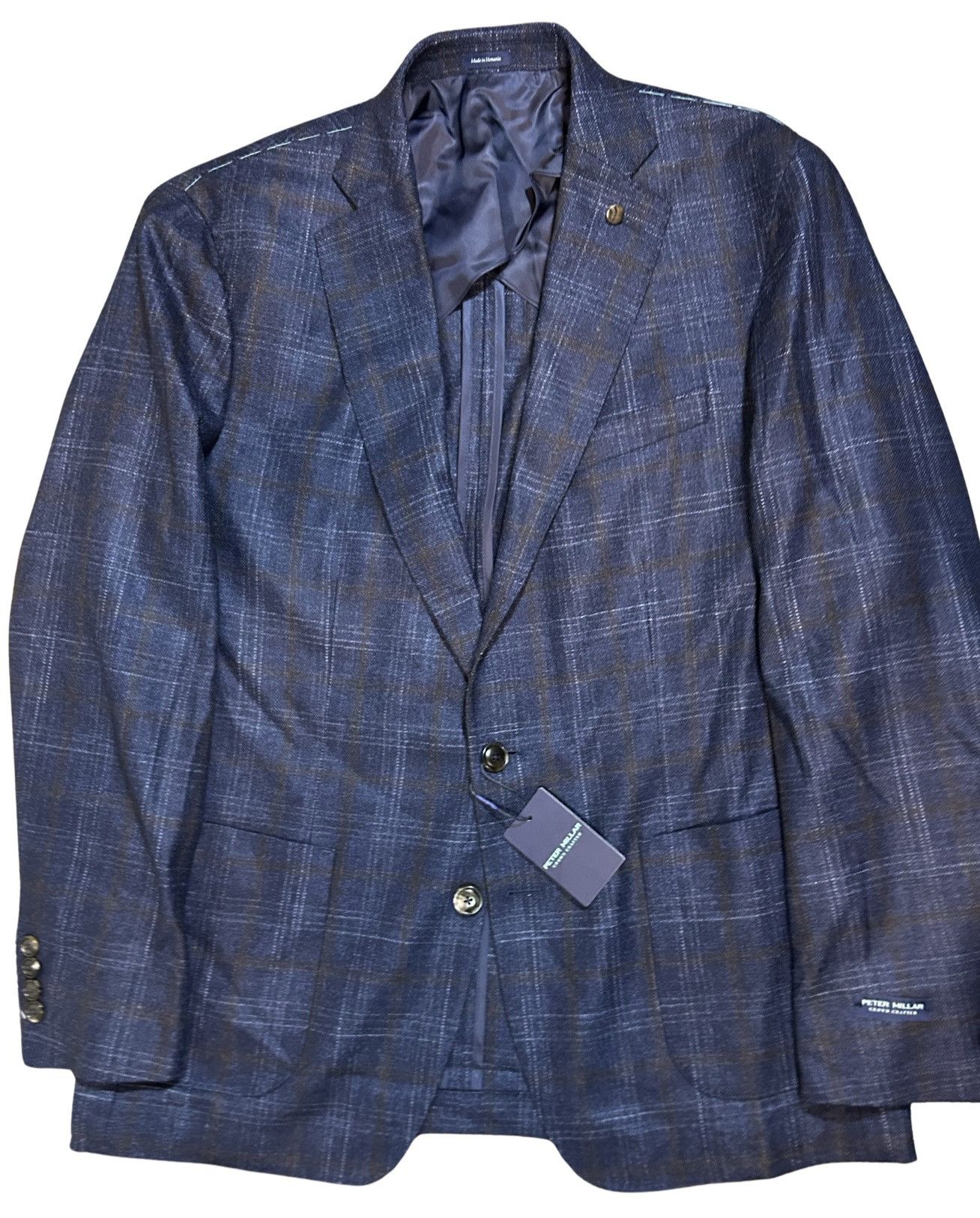 Peter Millar Peter Millar Navy Windowpane Plaid Jacket Sport Coat 44R Size 44R - 1 Thumbnail