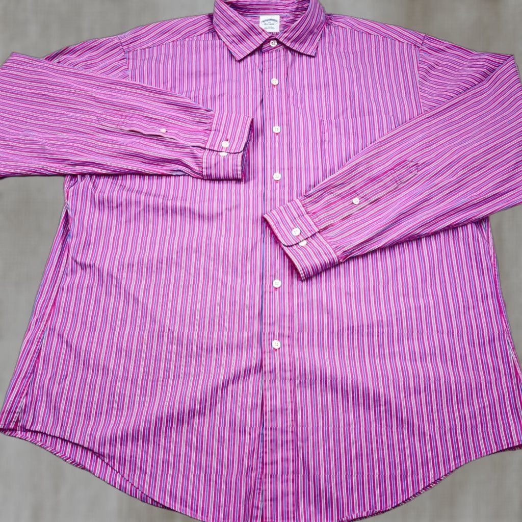 Brooks Brothers Brooks Brothers Shirt Men XL Pink Blue Striped Slim Fit Button-Up Dress Poplin Size 46R - 1 Thumbnail