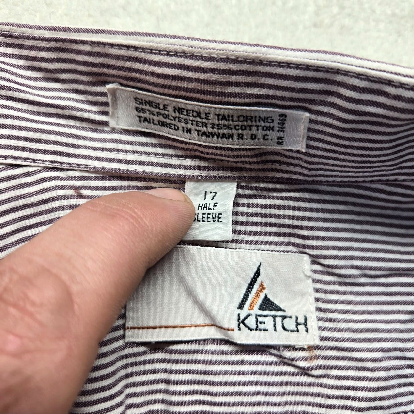 Vintage Ketch Shirt Gray Striped Button-Up Short Sleeve Adult Men's Size 17 Cotton Polyester Knit Size 46R - 3 Thumbnail