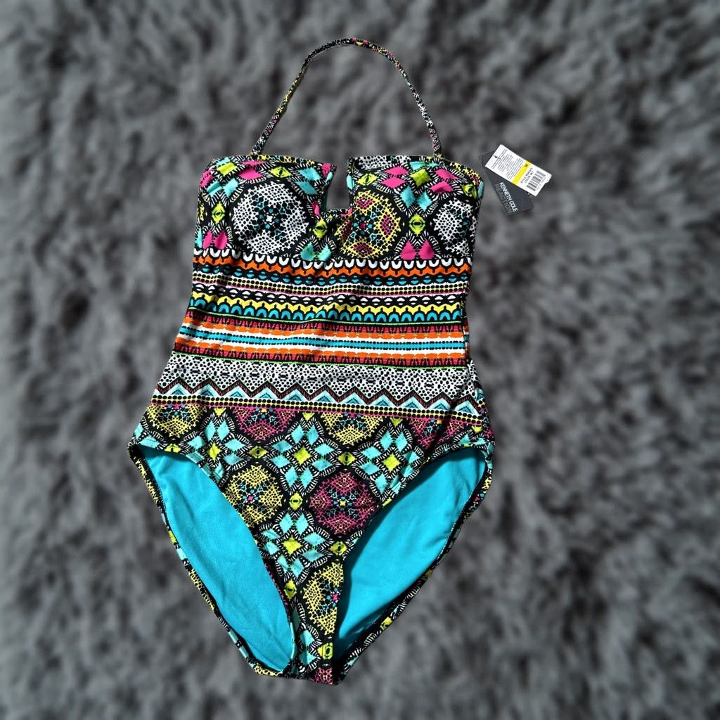 Kenneth Cole Kenneth Cole REACTION One Piece Swimsuit M Festival Boho Chic Indie Sleaze Beach Hallter Removable Pads Geometric Multicolor Women M Size ONE SIZE - 1 Thumbnail