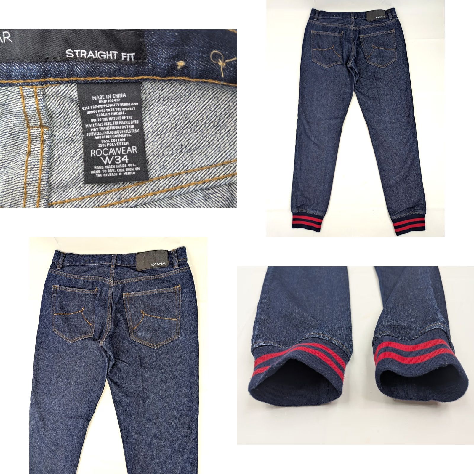 Rocawear Rocawear Denim Jeans Straight 34x33 Deep Indigo Blue w Red Stripe End Cuffs Men Rocawear Brooklyn's Own Regular Rise 5-Pocket Denim Size US 34 / EU 50 - 8 Thumbnail