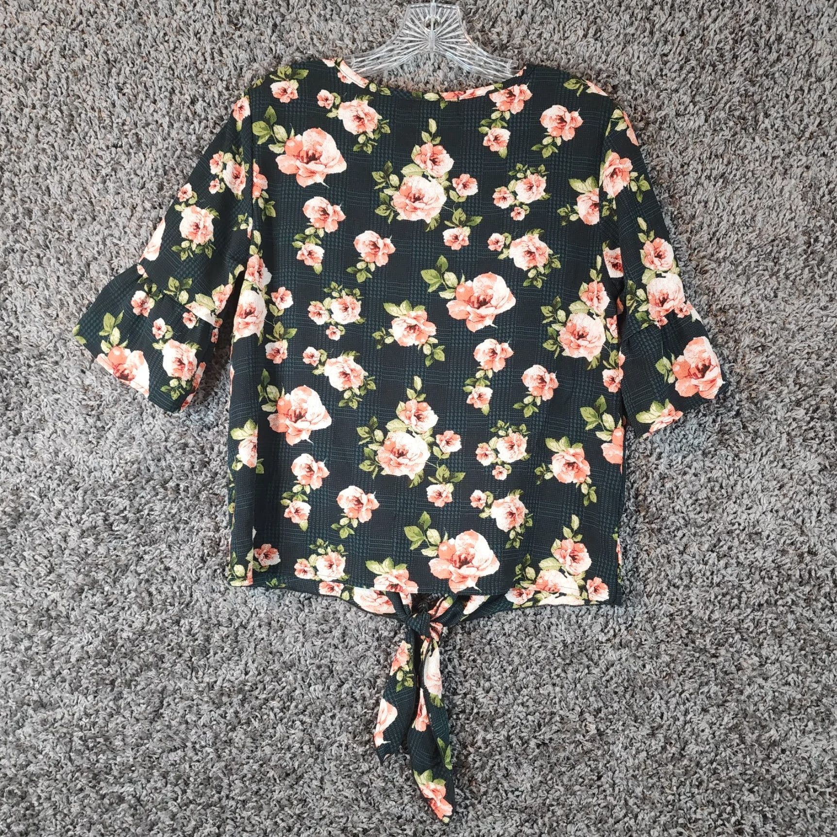 Vintage AJ Amelia James Blouse Women's Size M Green Floral Flared Sleeve Tie Waist Womens Size M / US 6-8 / IT 42-44 - 4 Thumbnail