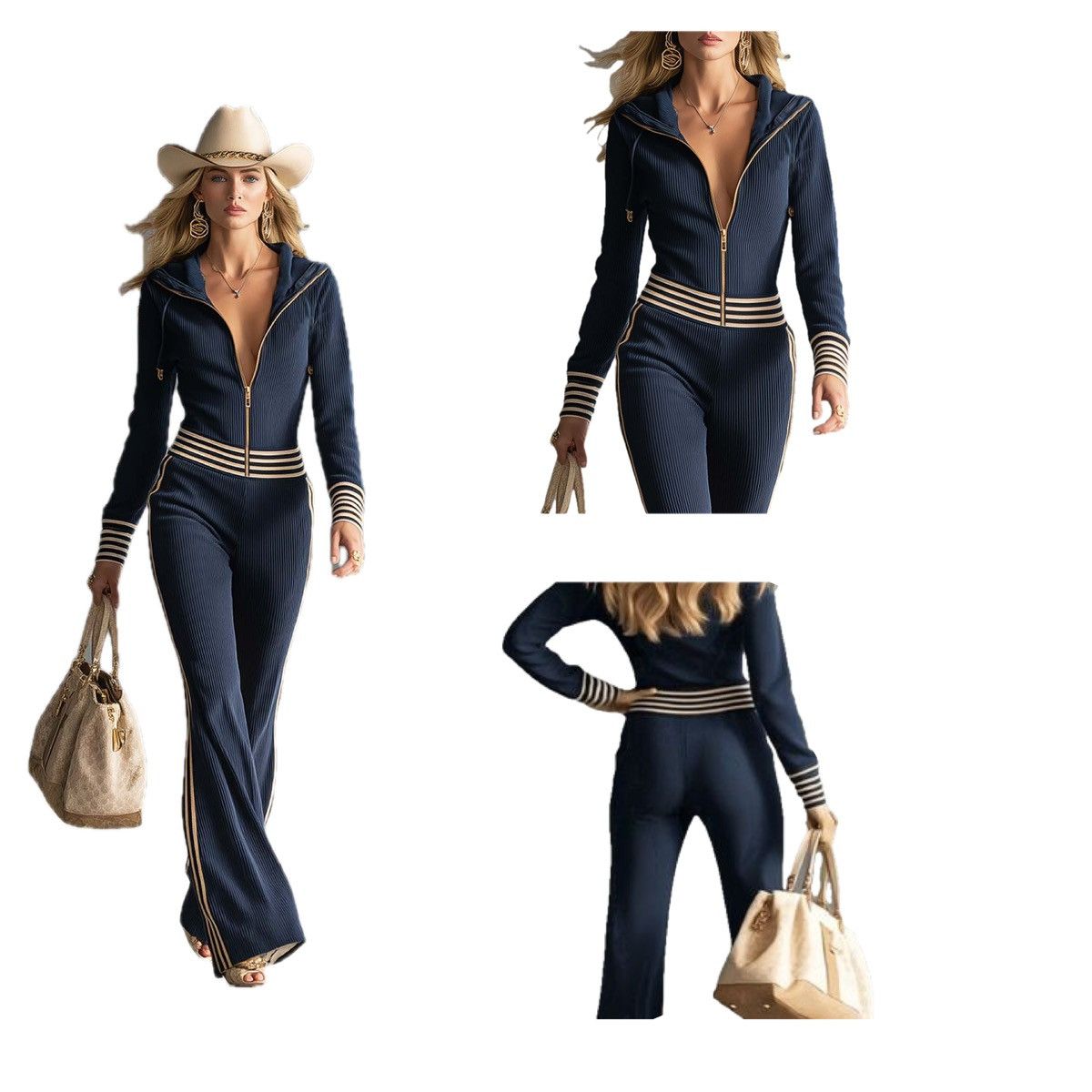 REVOLVE Oyrosy Fashion Hooded Zipper V-neck Blue Knit Jumpsuit NWT Size 26" / US 2 / IT 38 - 6 Thumbnail