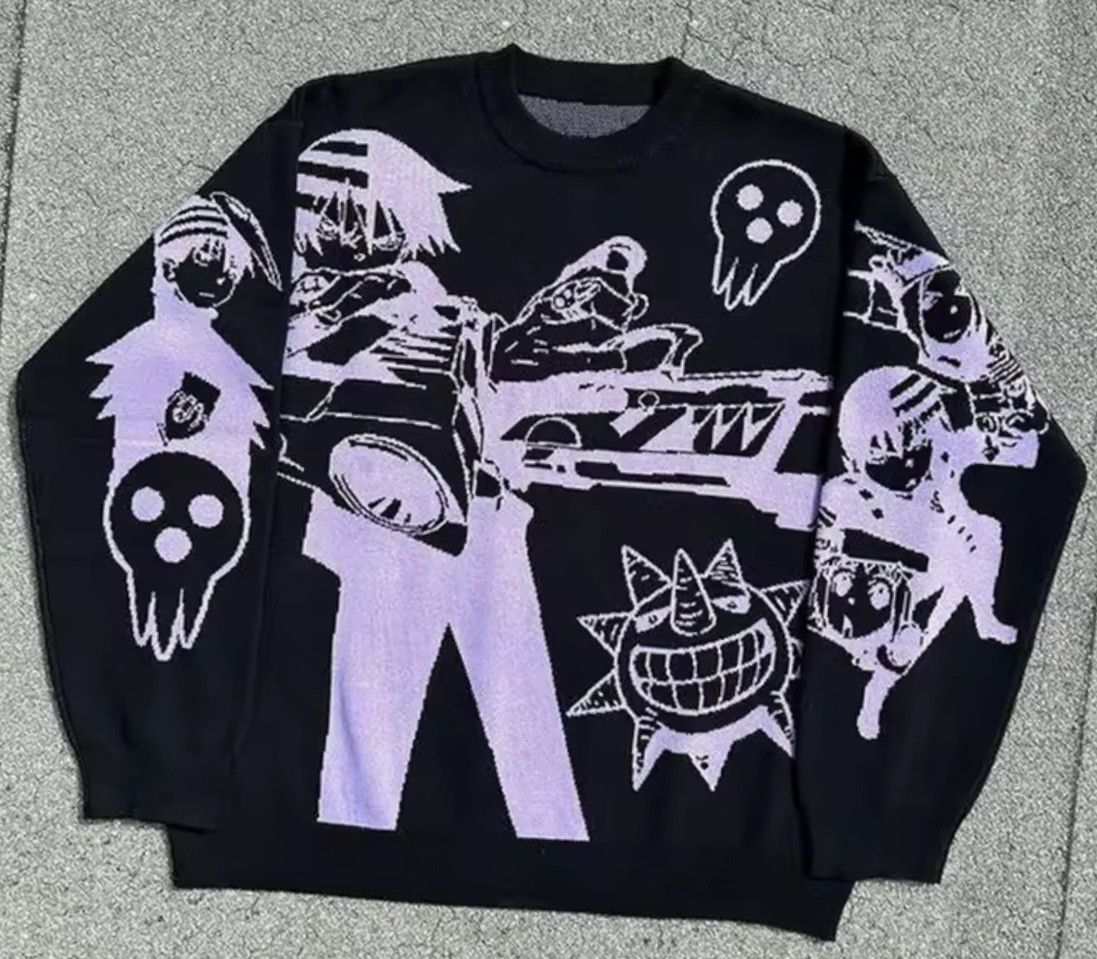 Japanese Brand Retro Moon Graffiti Sweater Jacquard Knitted Sweatshirt Size US XL / EU 56 / 4 - 4 Thumbnail