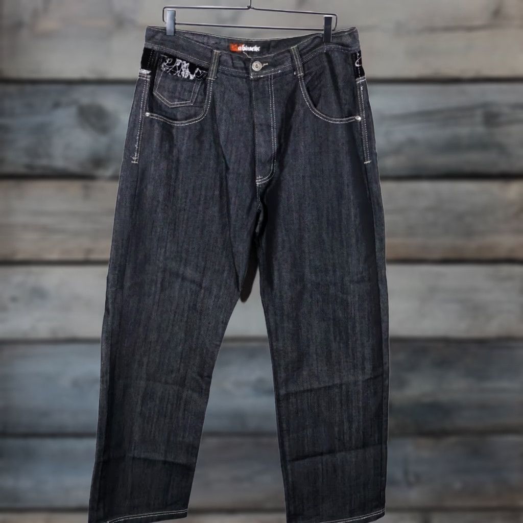 Vintage Ablance Vintage Wide Leg Jeans Men's 34 x 32 Black Denim Velvet Pockets Baggy VTG 90s Hip Hop Retro 5-Pocket Style Jeans Mens Size US 35 - 1 Thumbnail