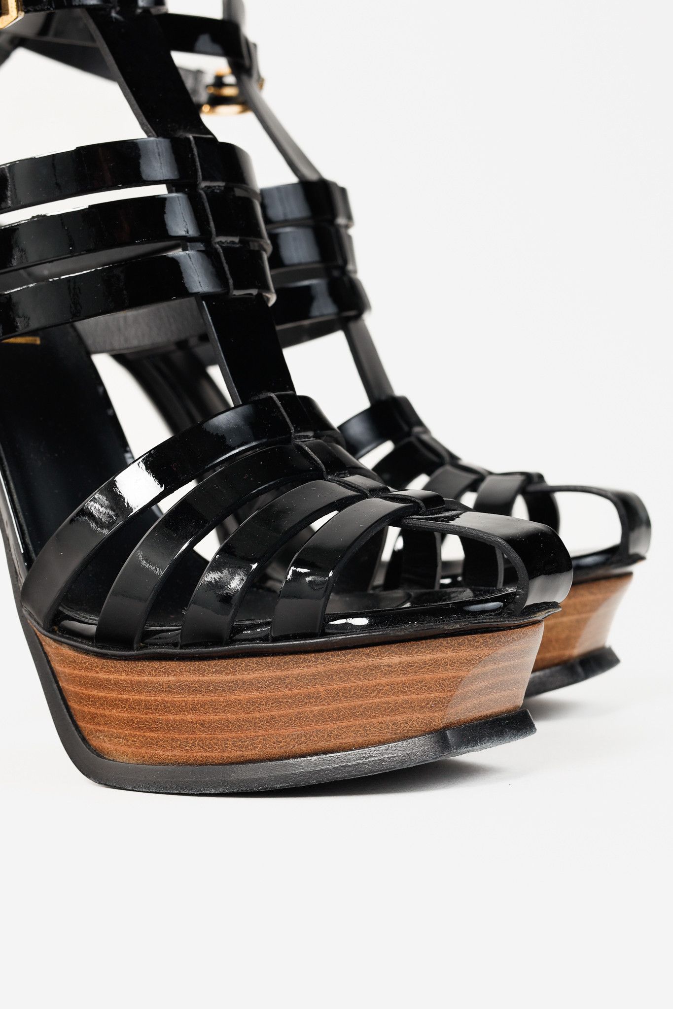 Saint Laurent Paris Saint Laurent Tribute Black Patent Leather Platform Sandals Size US 6.5 / IT 36.5 - 7 Thumbnail