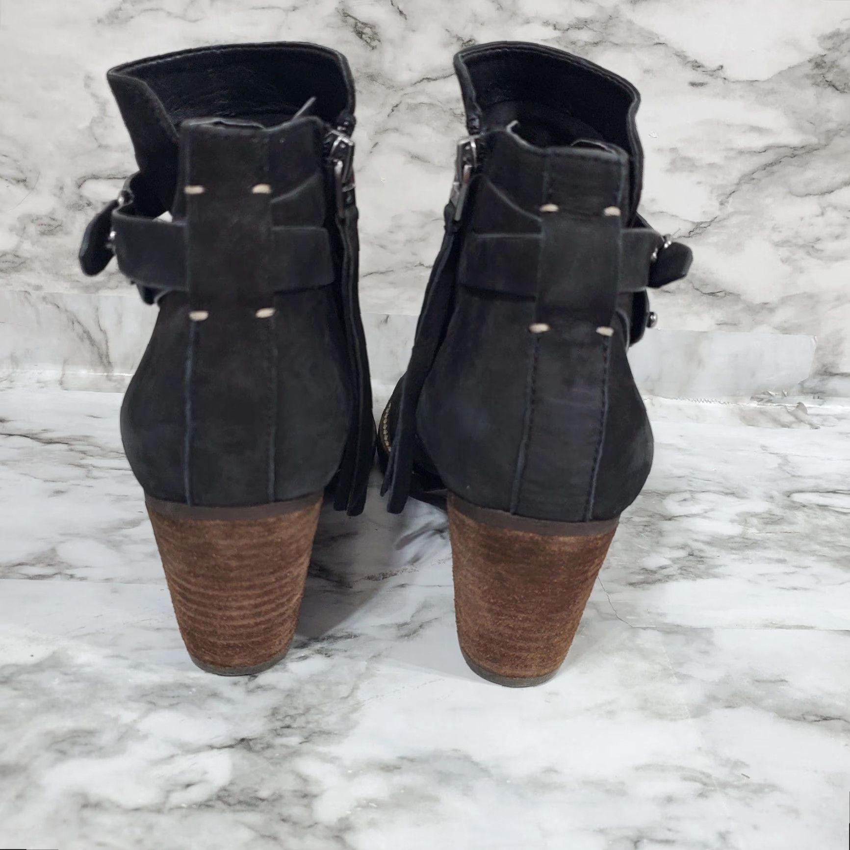 Sam Edelman Sam Edelman Bootie Women 7.5M Black Ankle Boot Merton Leather Almond Toe Strappy Shoe Womens Mid Heel Zip Block Size US 7.5 / IT 37.5 - 6 Thumbnail