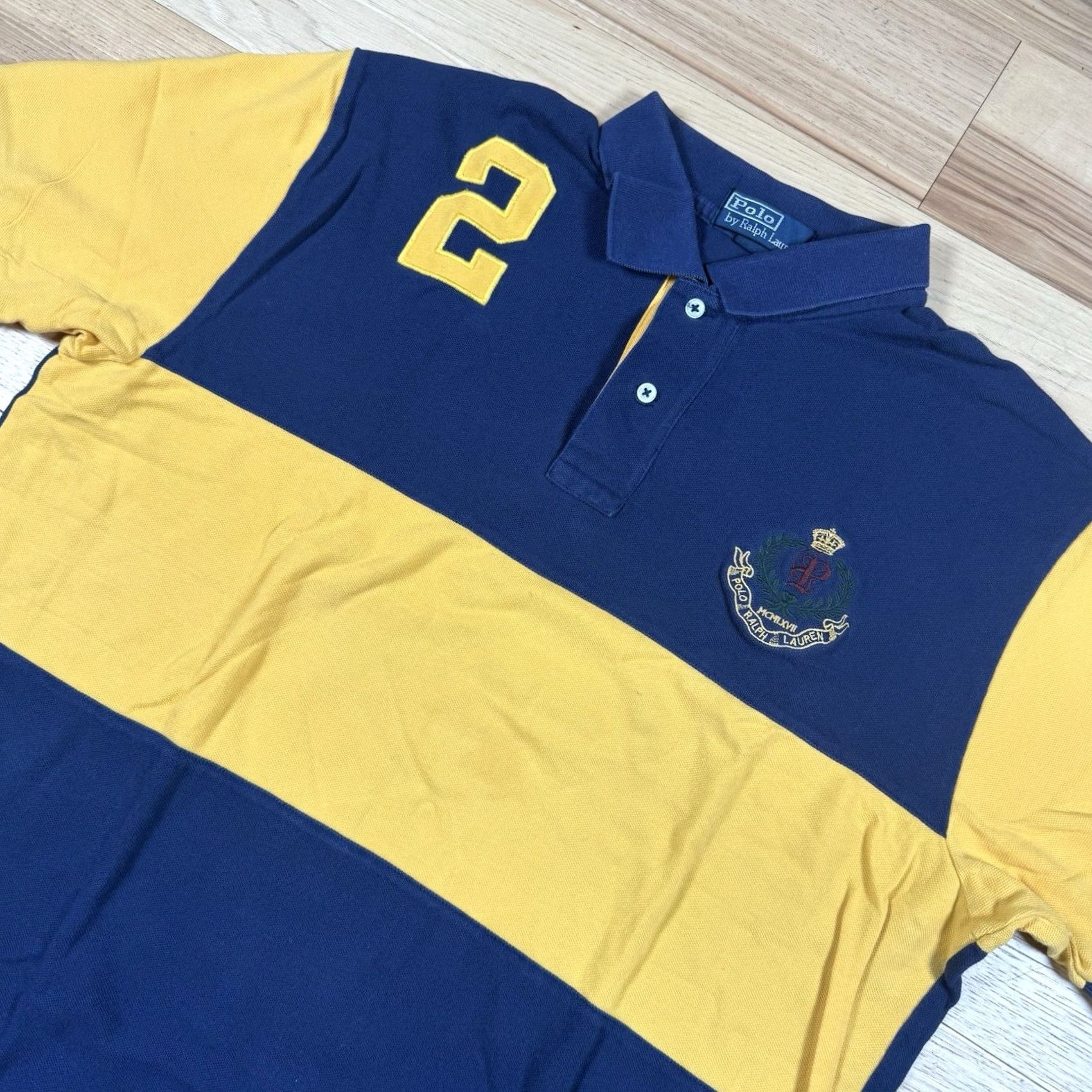 Polo Ralph Lauren VINTAGE Polo Ralph Lauren Rugby Shirt Mens XL Crown Crest Yellow Blue Stripe Short Sleeve Cotton USA Striped Rugby Shirt Mens XL Blue Size US XL / EU 56 / 4 - 2 Thumbnail