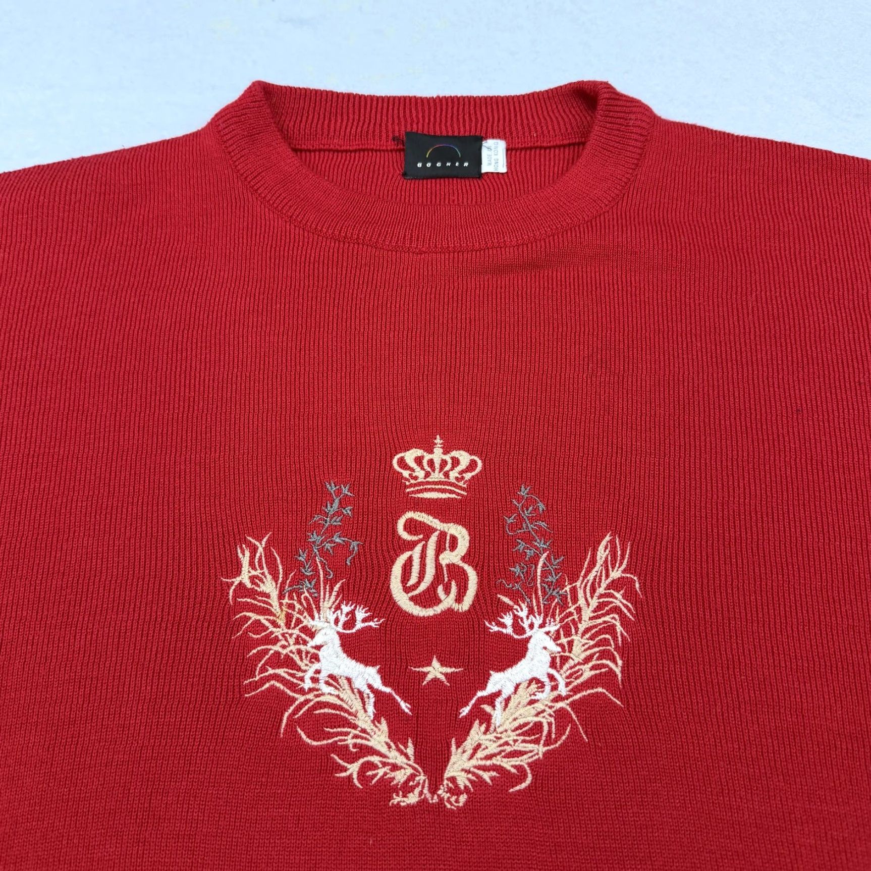 Bogner VINTAGE Bogner Sweater Womens M Red Wool Blend Embroidered Stag Crest Hong Kong Crew Neck Pullover Knitting Casual Fall Winter Size M / US 6-8 / IT 42-44 - 4 Thumbnail