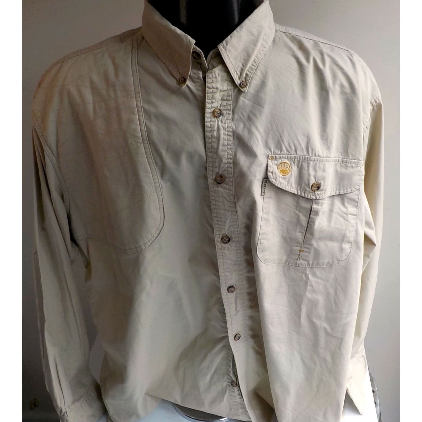 Vintage Beretta Button-Down LS Shirt Beige 2XL Mens Cotton Vented Long Sleeve Caped Pocket Framed Patch Excellent Condition Size US XXL / EU 58 / 5 - 2 Thumbnail