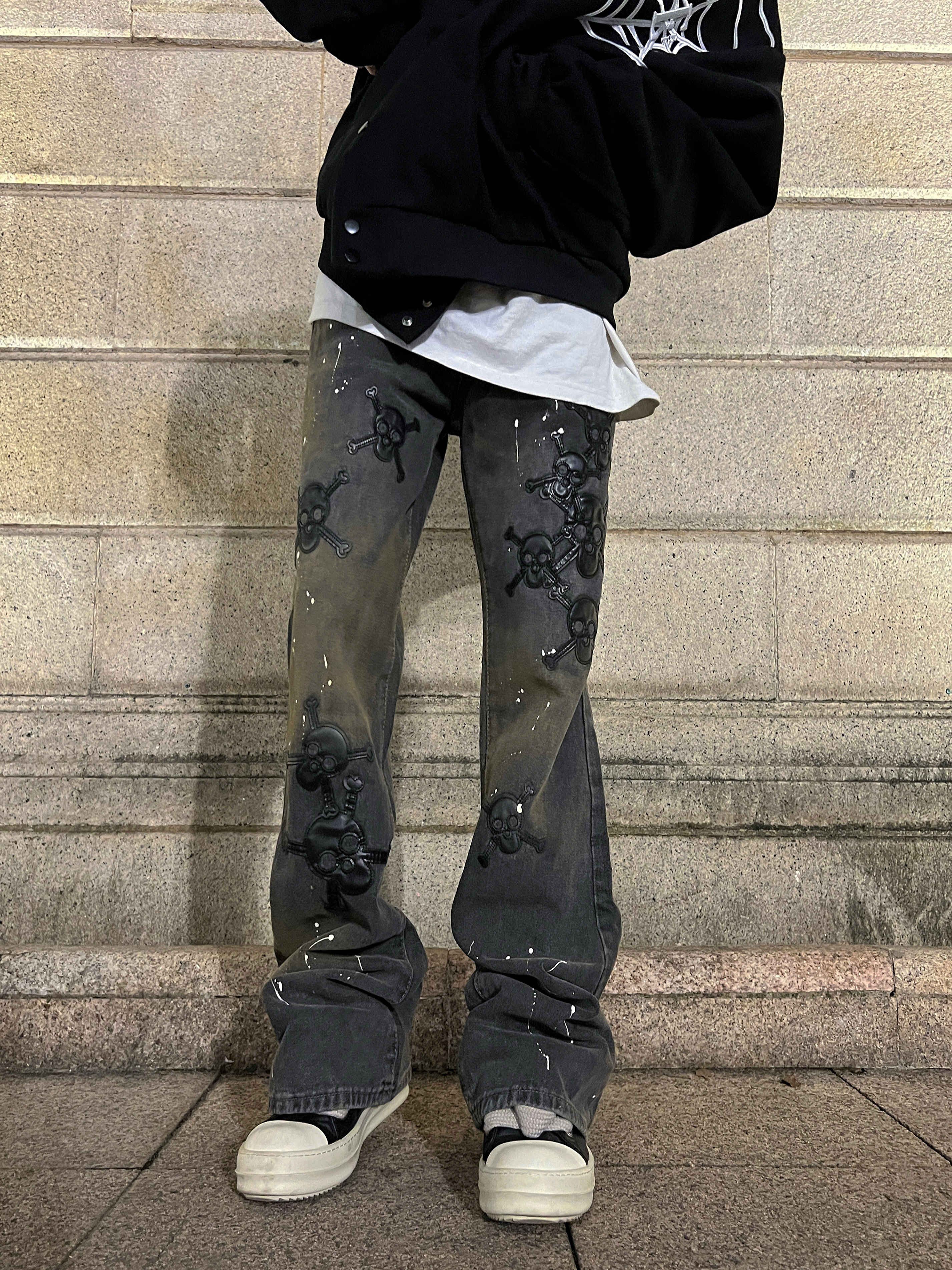 image of Paint Splatter Skull Patchwork Stacked Denim Jeans in Smoky Gray, Men's (Size 30)