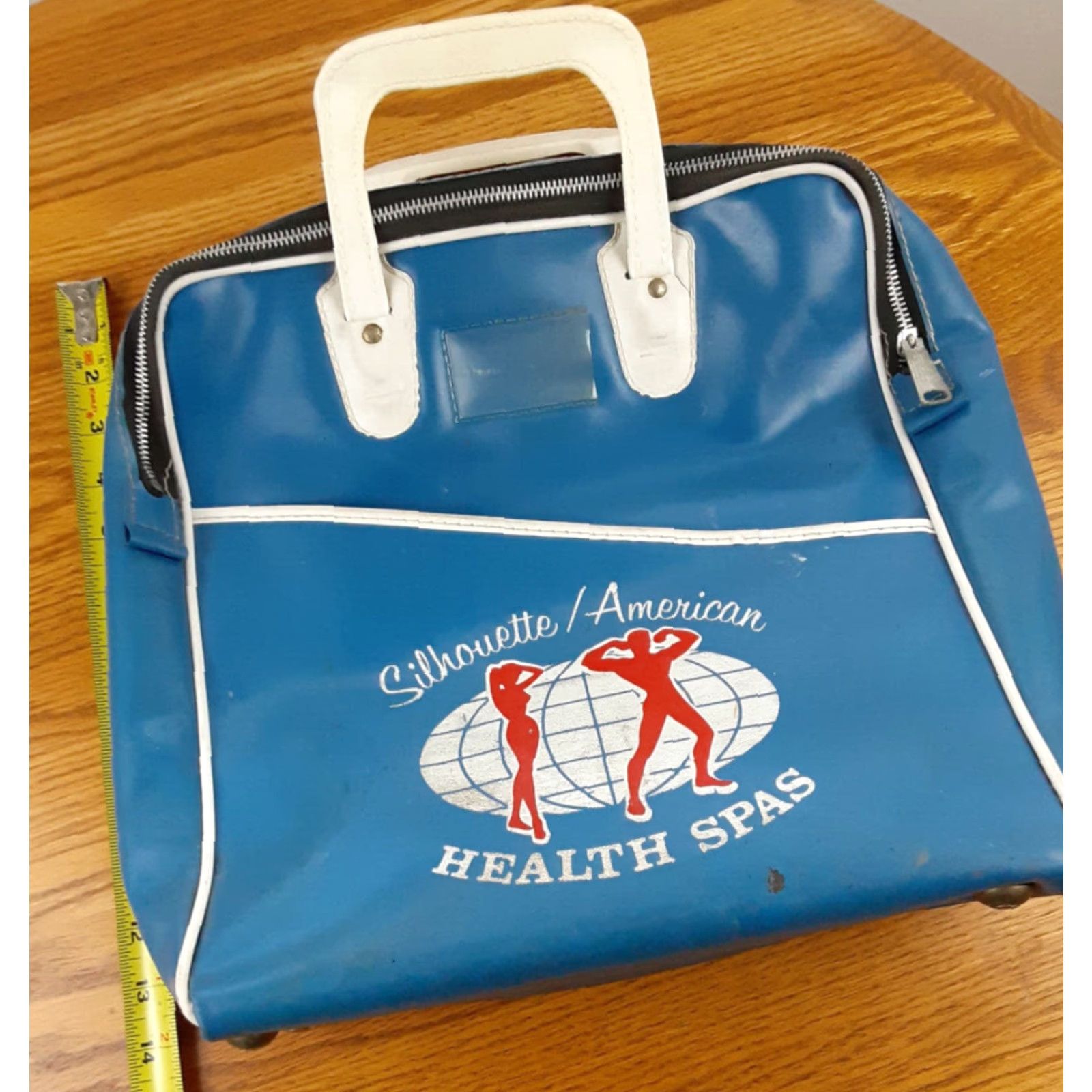 Vintage VINTAGE Silhouette/America Health Spas Gym-Duffle Bag 1980's Michigan Duffle Men Medium Blue/White Vinyl Zipper 80s Size ONE SIZE - 5 Thumbnail