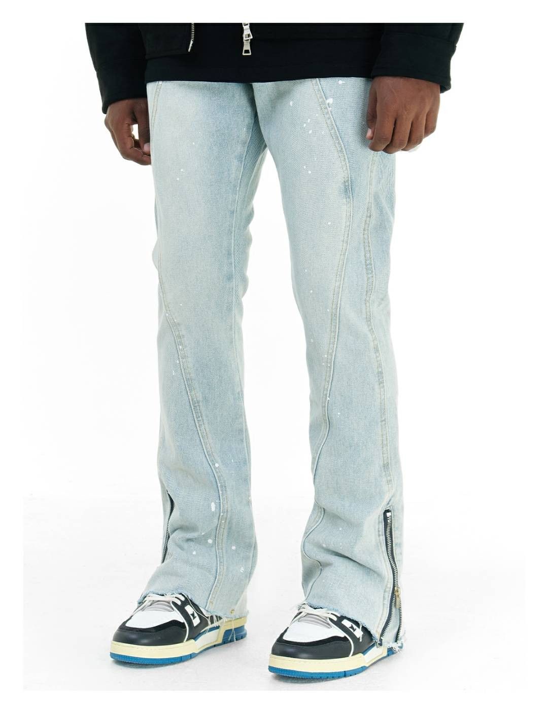 patchwork flared damaged paint jeans