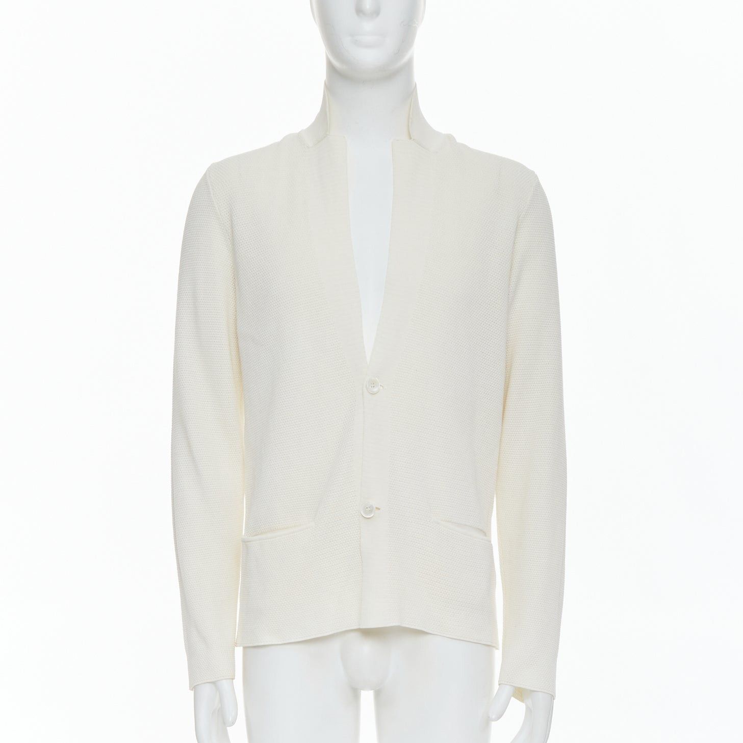 LANVIN cream cotton skinny lapel knitted buttons pocketed blazer M
