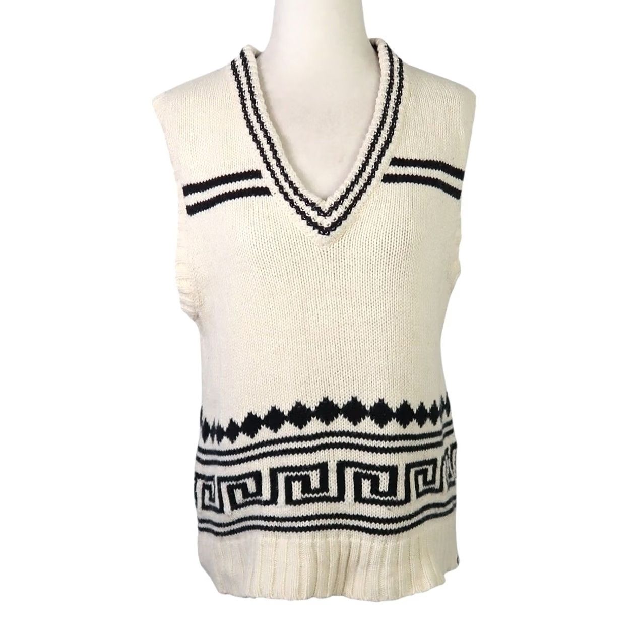 KULE Kule Dakota Intarsia Sweater Vest Cream Black S Vest Women V-Neck Geometric Knit Cotton Nylon Wool Sleeveless Casual Fall Winter Spring Mens Womens? Size S / US 4 / IT 40 - 2 Thumbnail