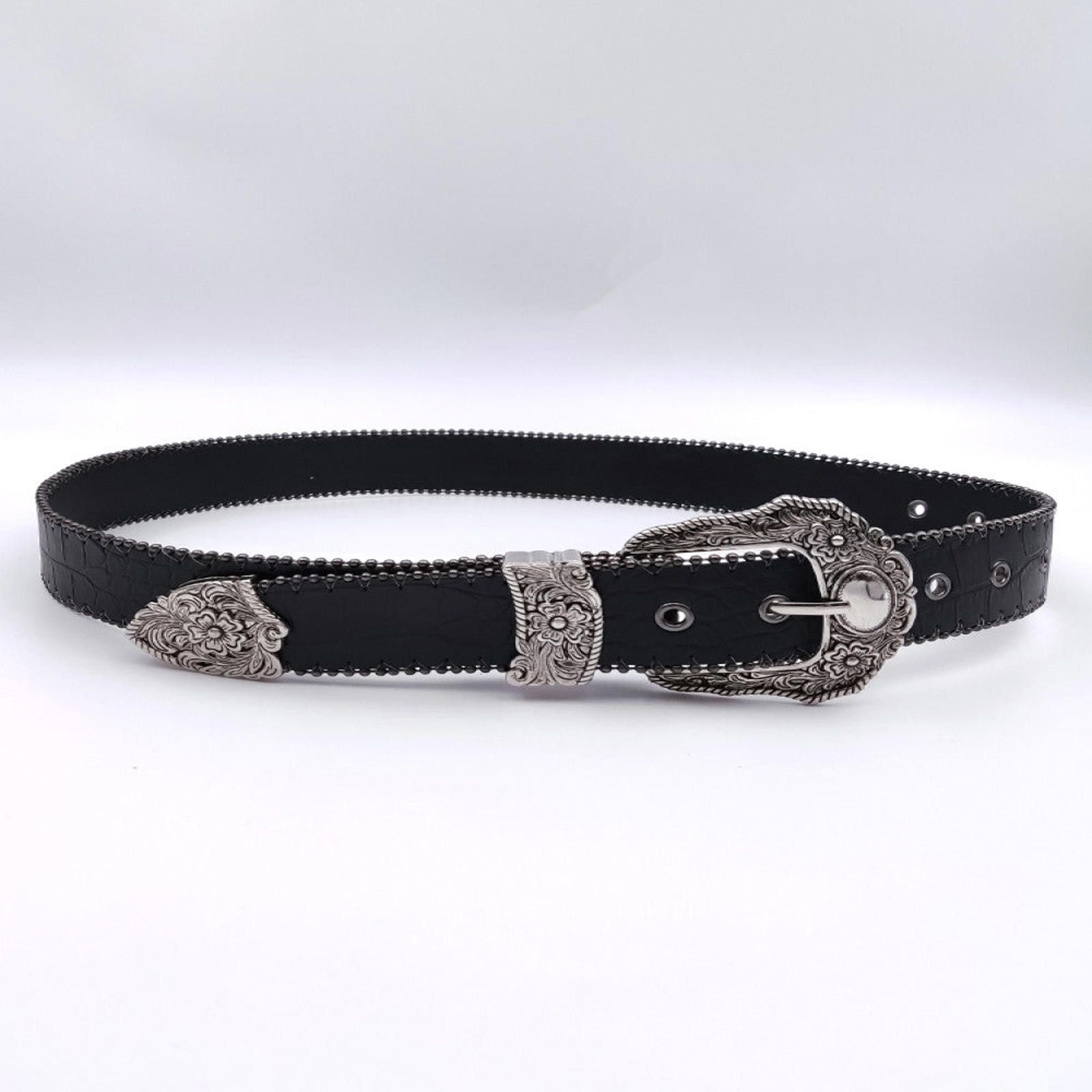 Vintage Black Crocodile Pattern Belt with Decorative Silver Buckle Size ONE SIZE - 8 Thumbnail