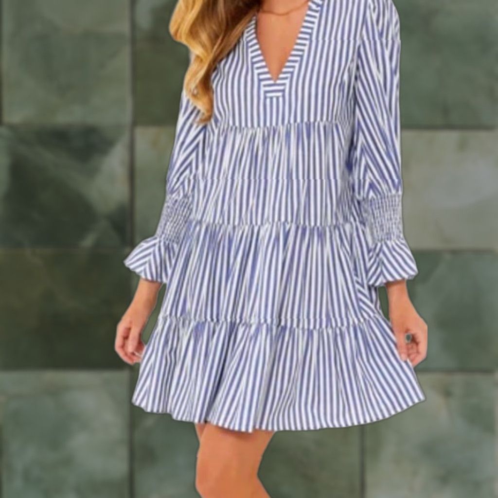 Vintage Pomander Place Plus Size Mini Dress Blue White Stripe Cotton A-Line Long Sleeve V-Neck Womens 2XL Size XXL / US 16-18 / IT 52-54 - 1 Thumbnail