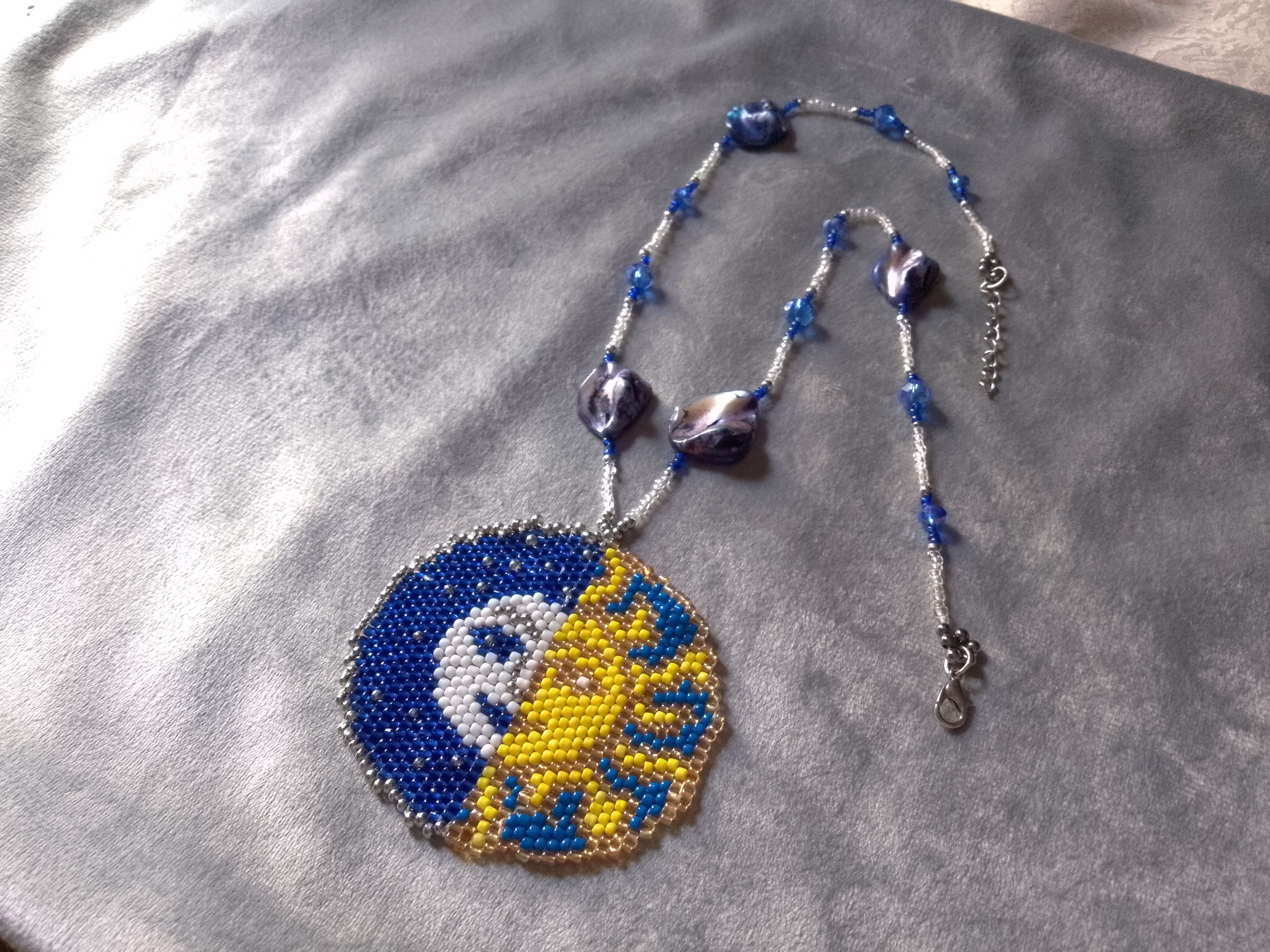 Handmade Necklace Long Blue Mothe of Pearl Beaded Pendant Sun Moon Size ONE SIZE - 6 Thumbnail