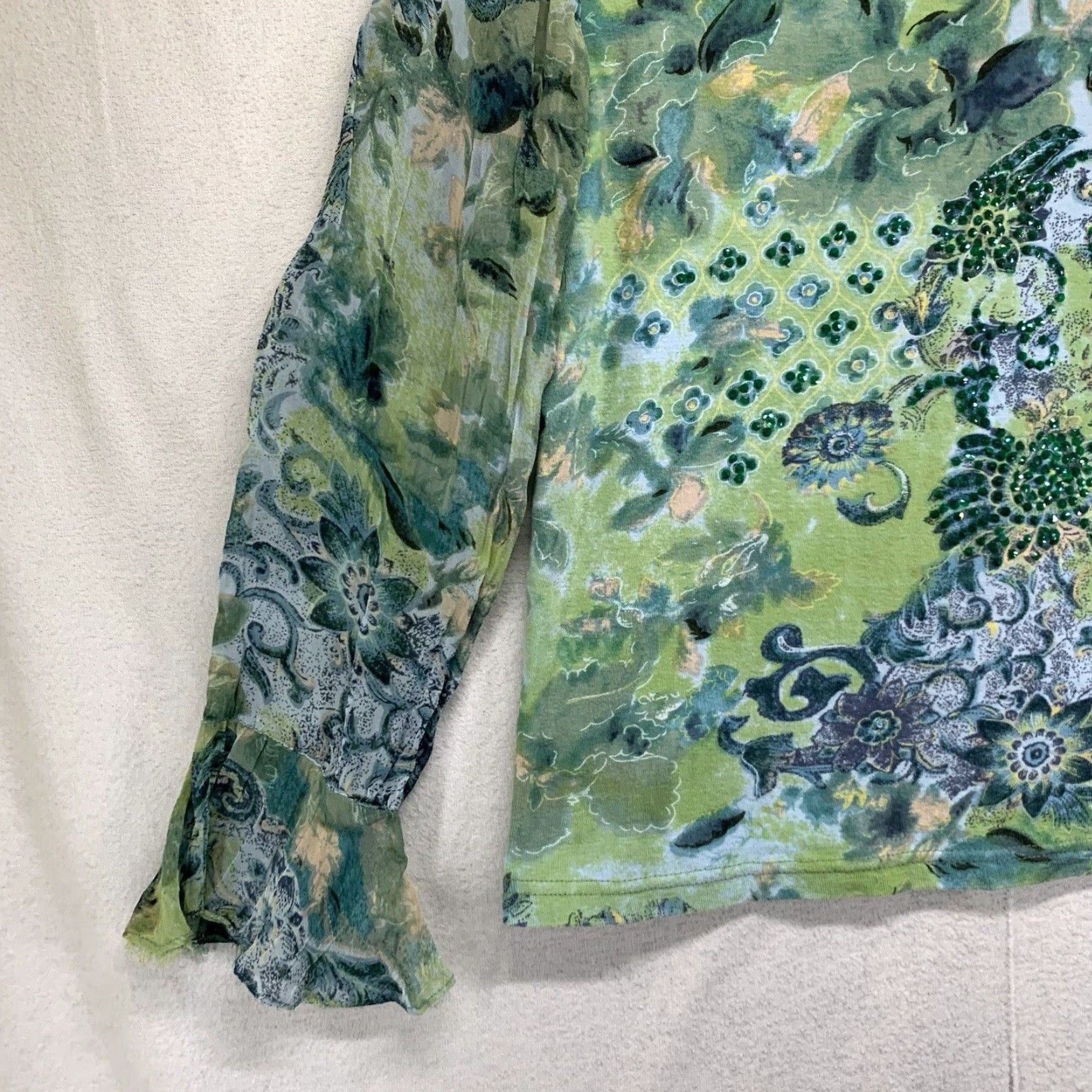 Vintage VINTAGE Dressbarn Women's Crop Top Floral Green Size M Sheer Bell Sleeves Sequin Casual Size M / US 6-8 / IT 42-44 - 6 Thumbnail