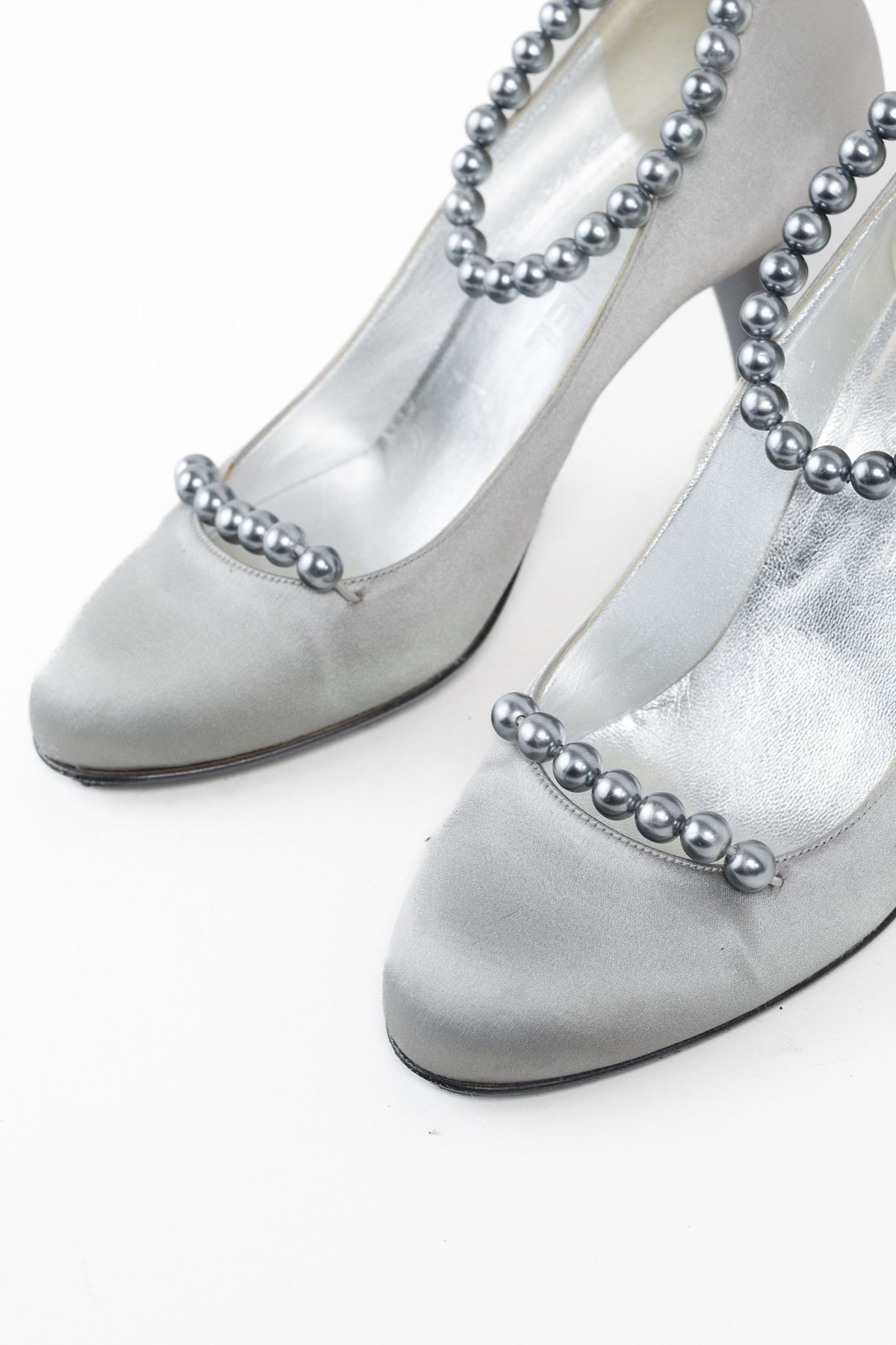Chanel Chanel Grey Pearl Ankle Satin Pumps Size US 7 / IT 37 - 6 Thumbnail