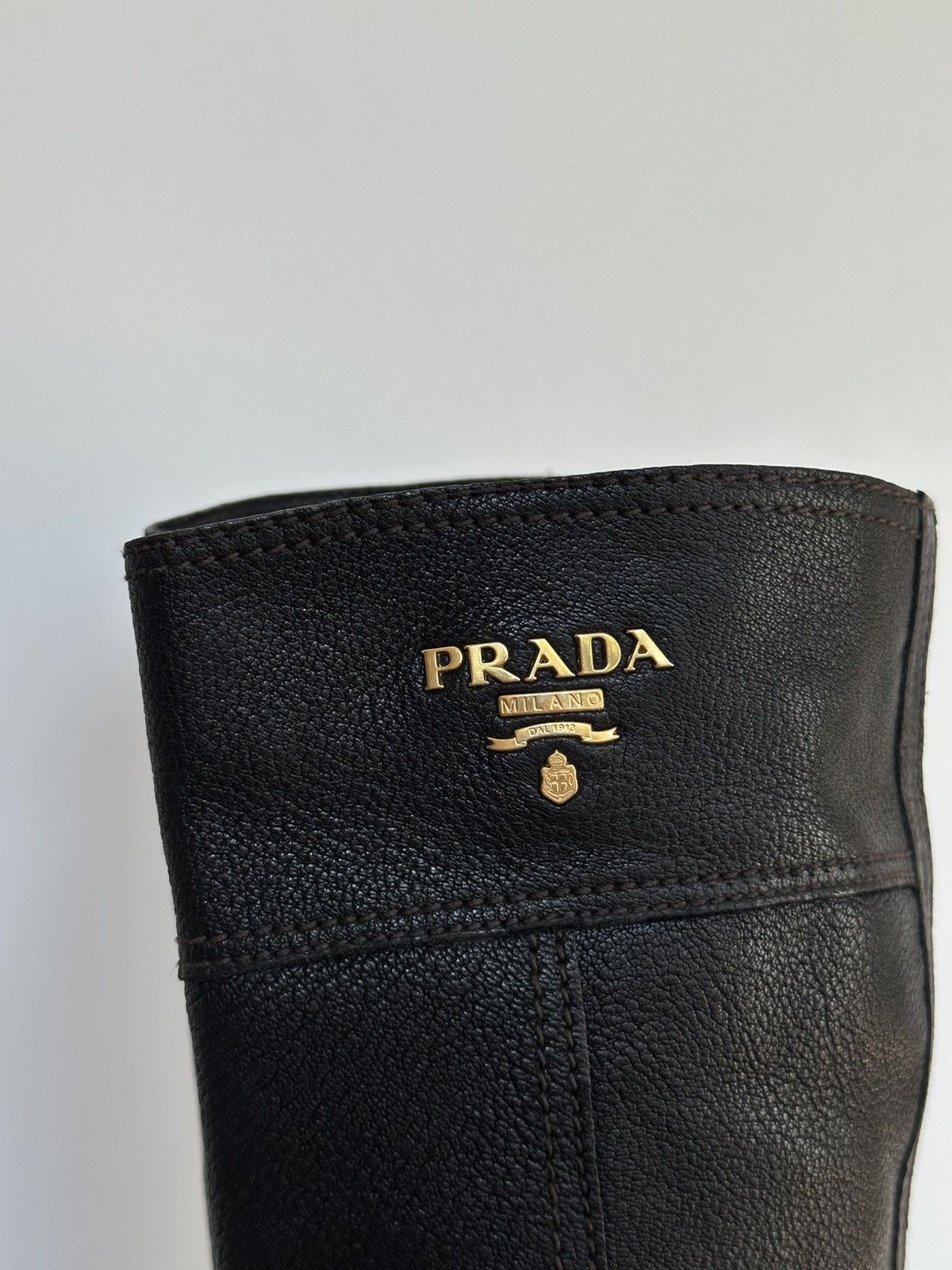 Prada Prada Black Leather Knee-High Boots Gold Logo Block Heel Size US 8.5 / IT 38.5 - 8 Thumbnail