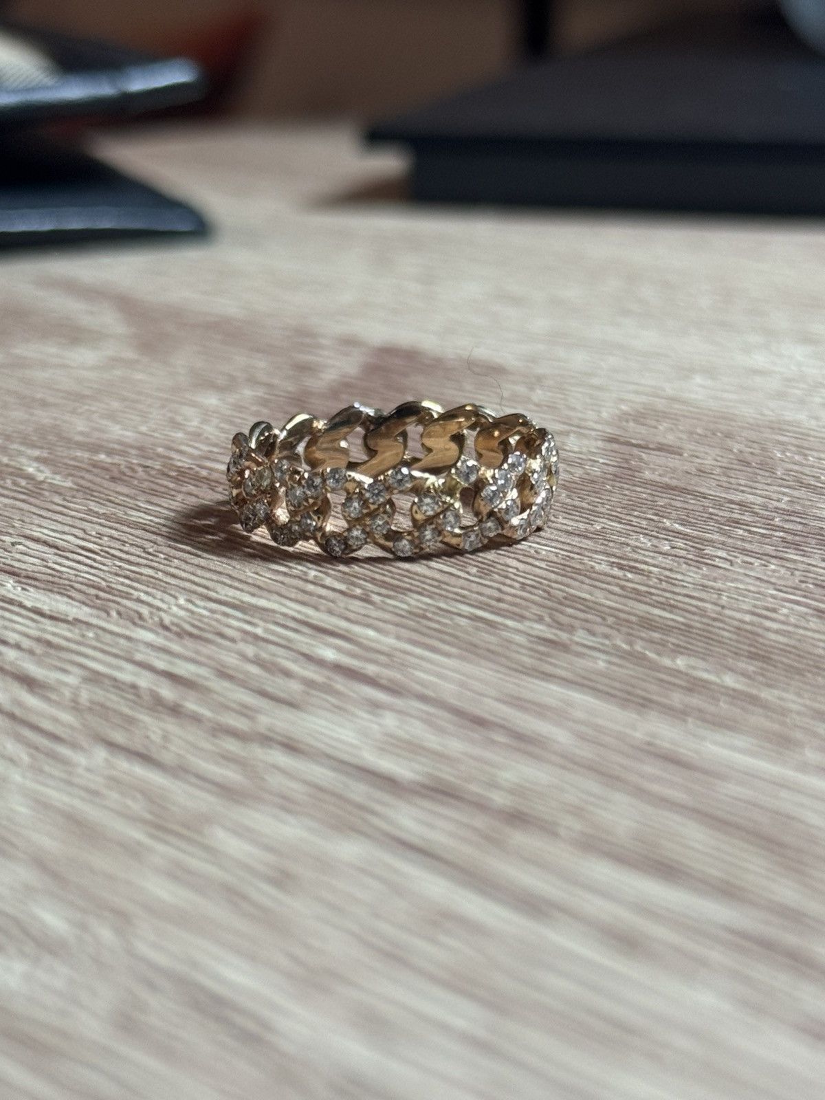 Jewelry 14K Solid Gold Iced Cuban Link Ring w/ Natural Diamonds Size ONE SIZE - 1 Thumbnail