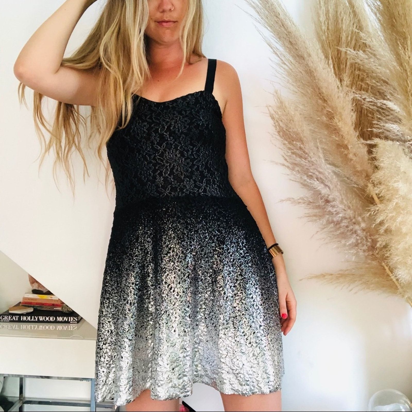 Free People FP FREE PEOPLE Black Silver Metallic Knit Tank Mini Dress Size S / US 4 / IT 40 - 2 Thumbnail