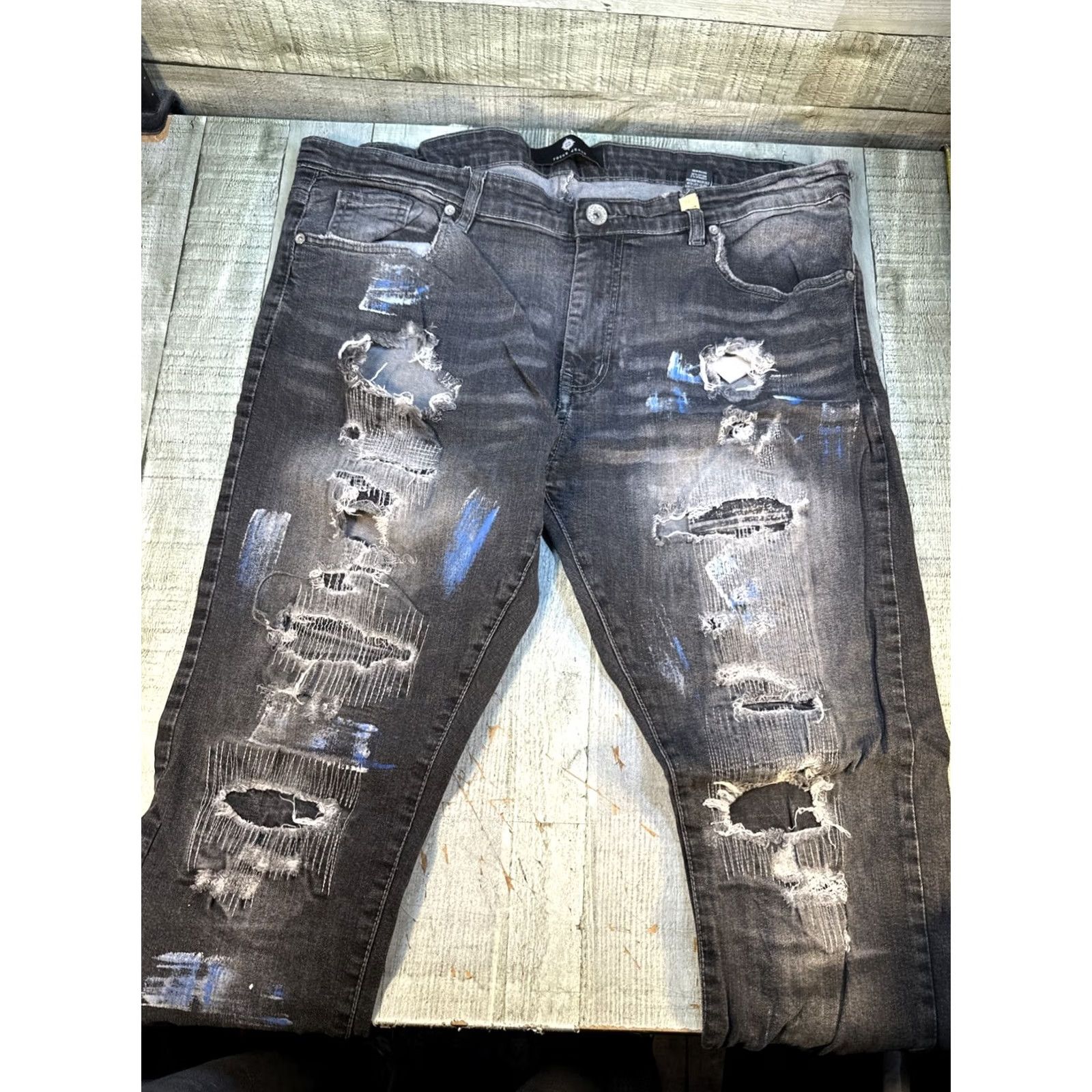 Vintage Focus Jeans Men Straight Distressed Black Blue White Paint 38x32 30in Inseam Mens Regular Fit Size US 34 / EU 50 - 2 Thumbnail
