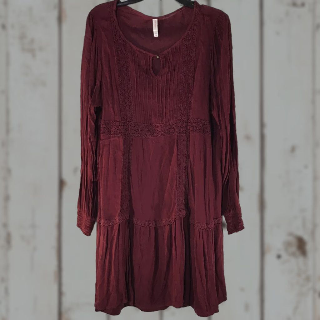 Vintage Xhilaration Women's Knee Length Dress Plus Size 2X Burgundy Crochet Lace Fall Casual Shift Size XXL / US 16-18 / IT 52-54 - 1 Thumbnail