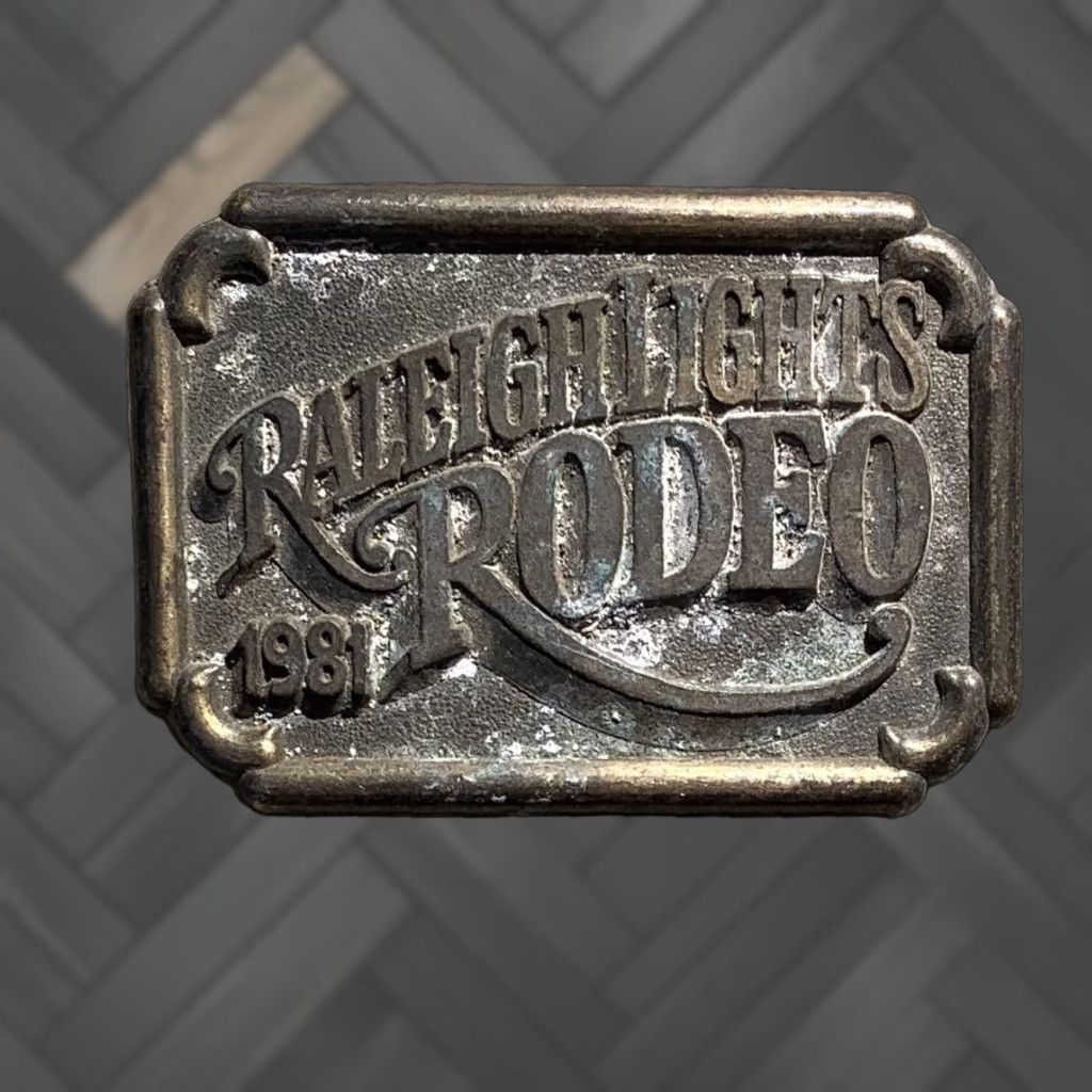 Vintage VINTAGE Raleigh Lights Rodeo 1981 Belt Buckle RJ c Western Cowboycore Belt Buckle Mens Womens Adults Unisex Brass 1980s Rockabilly Size ONE SIZE - 1 Thumbnail