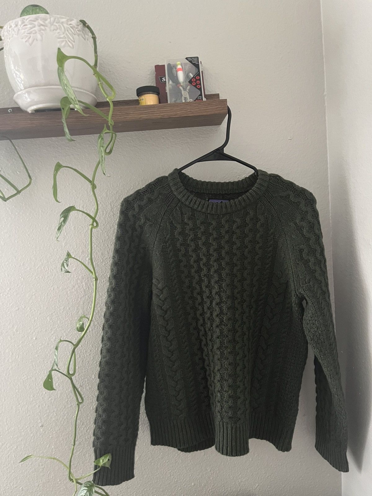 Forest Green Patagonia Cable Knit Wool Fisherman Sweater - Main Image