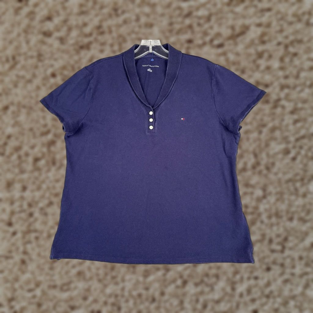 Tommy Hilfiger Tommy Hilfiger Shirt Women Large Blue Cotton Blend Short Sleeve Polo Logo Womens Size L / US 10 / IT 46 - 1 Thumbnail