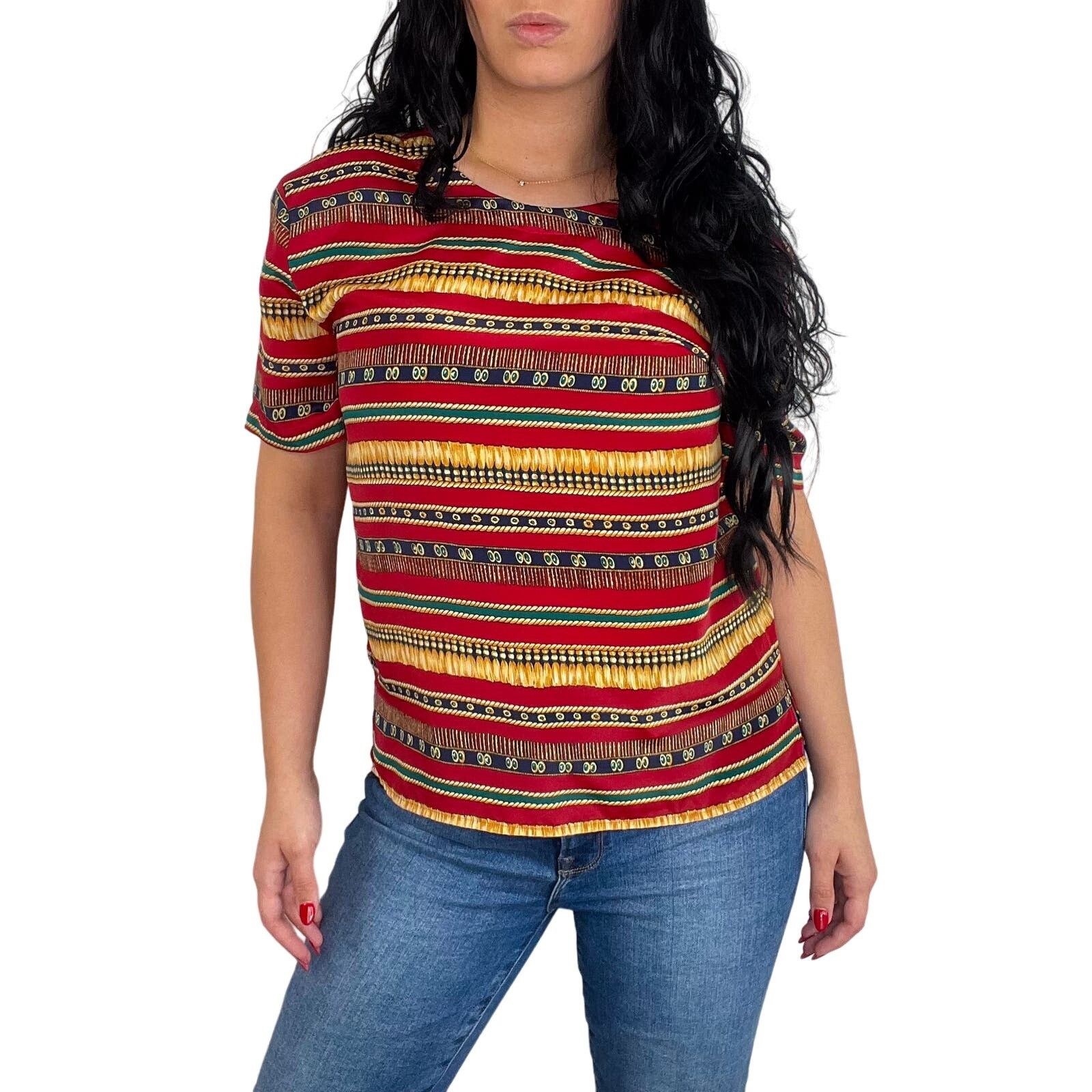 Vintage 1980s Vintage Red & Gold Retro Geometric Blouse Large Size M / US 6-8 / IT 42-44 - 1 Thumbnail