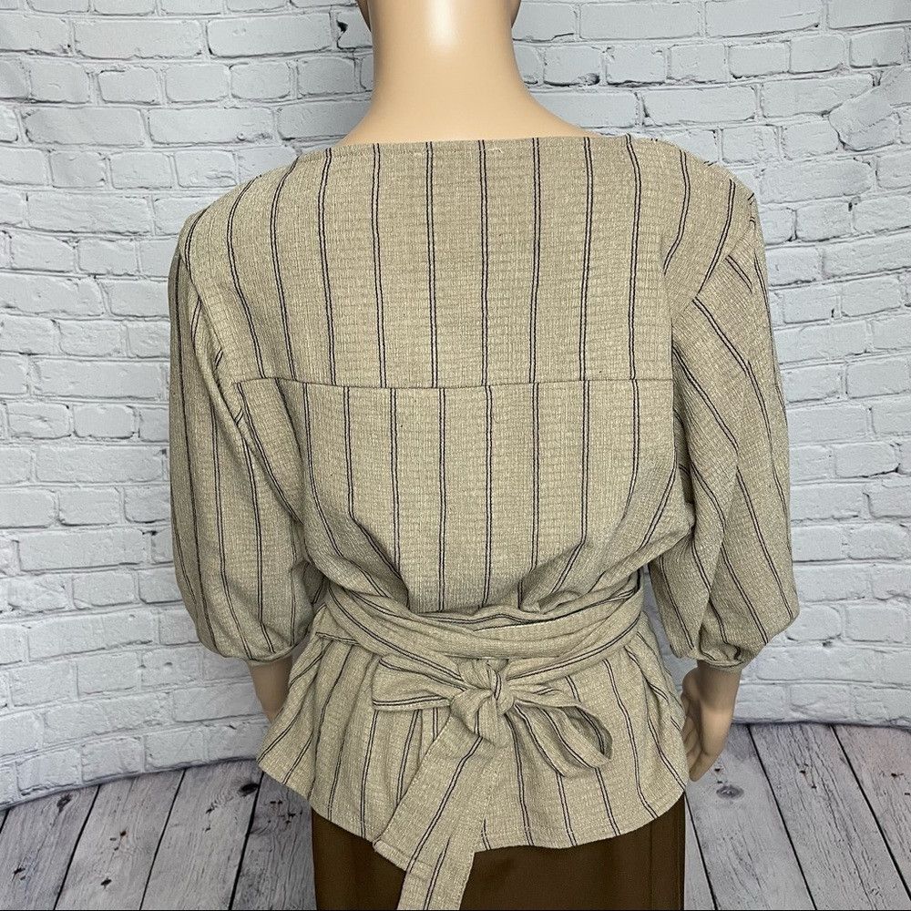 Zara Zara Trafaluc Puff Sleeve Beige Stripes Waist Tie Top Size Size M / US 6-8 / IT 42-44 - 5 Thumbnail