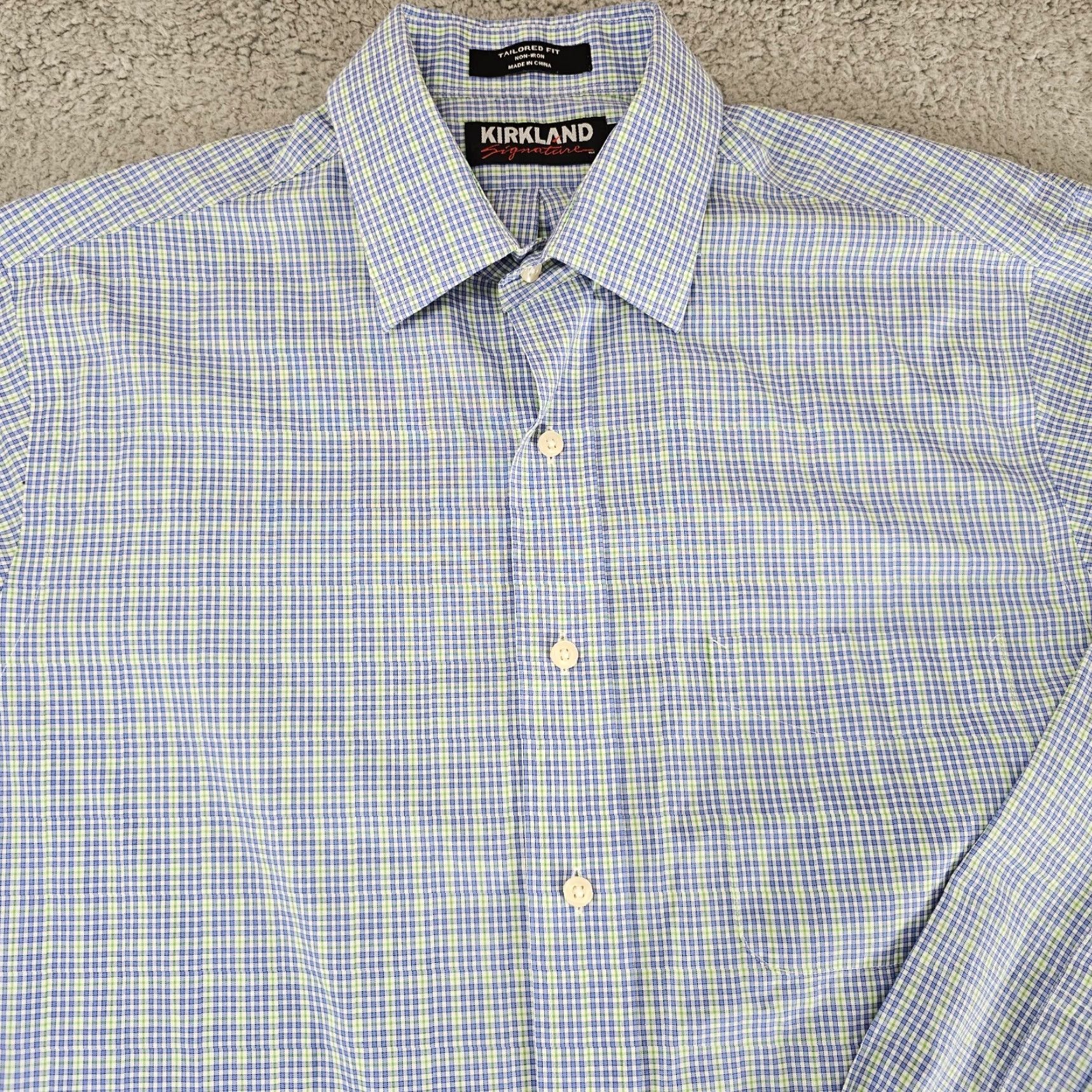 Vintage Kirkland Signature Dress Shirt Mens L Blue 15.5 33 Check Tailored Fit Size 42R - 2 Thumbnail