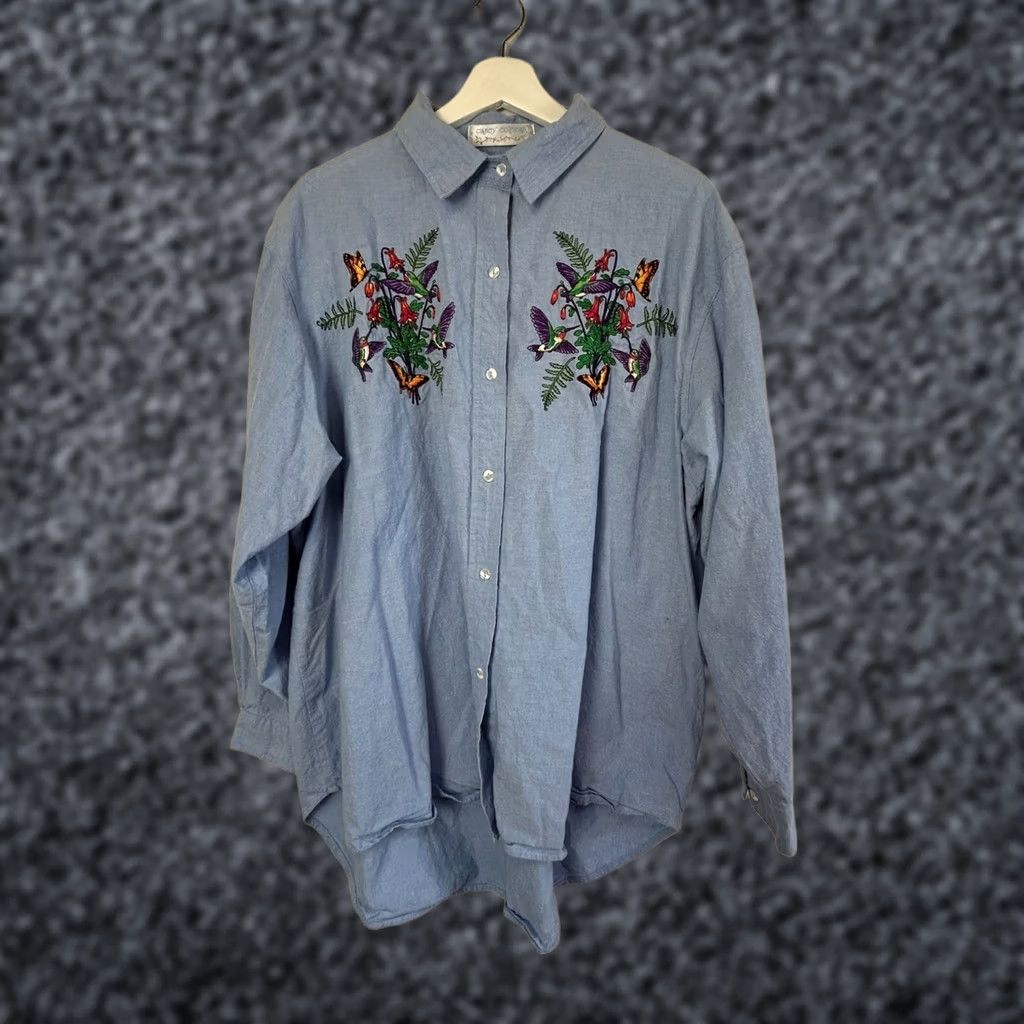 Vintage Casey Coleman Womens Button-Up Shirt Top XL Blue Floral & Butterfly Embroidered Long Sleeve Tunic Shirt Womens Size XL / US 12-14 / IT 48-50 - 1 Thumbnail