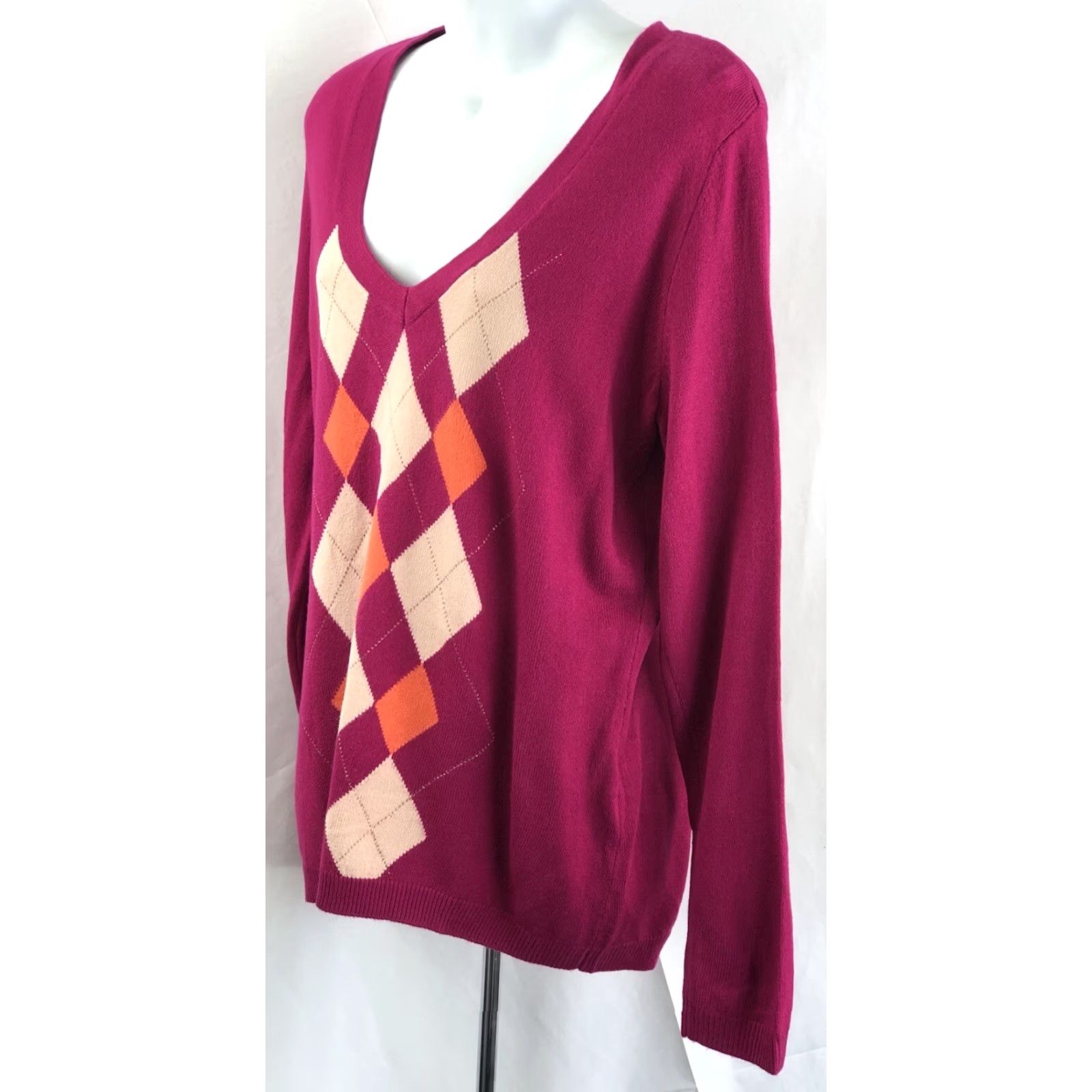 Vintage VINTAGE New York And Company Sweater Argyle V-Neck Long Sleeve L Beaded Purple Magenta Womens Size L / US 10 / IT 46 - 2 Thumbnail