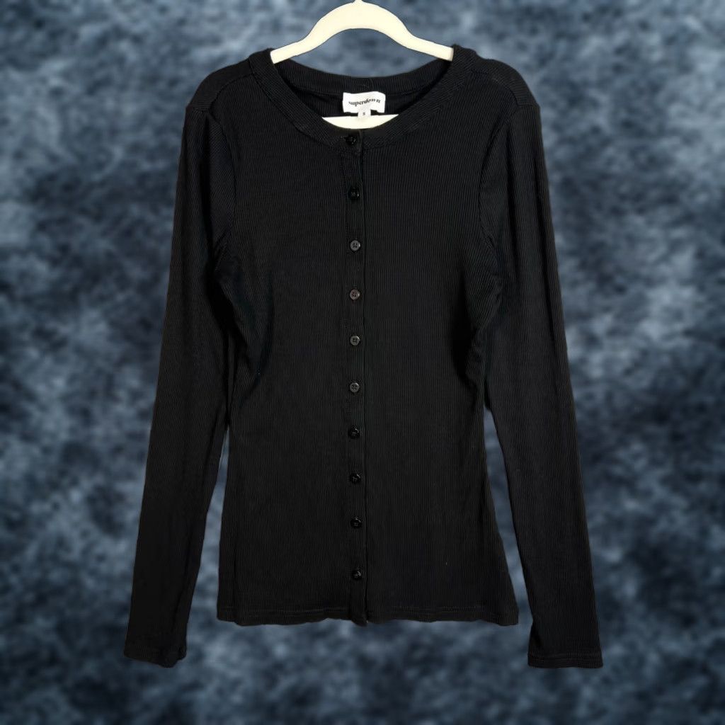 superdown Superdown Button-Up Ribbed Long Sleeve Top Womens Small Black Shirt Size S / US 4 / IT 40 - 1 Thumbnail